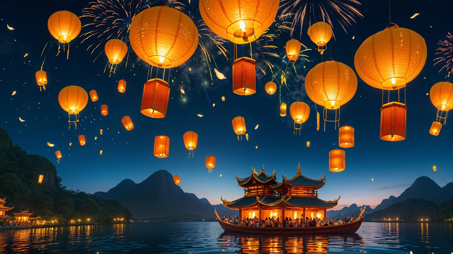Traditional Boat on Calm Lake with Lanterns and Fireworks