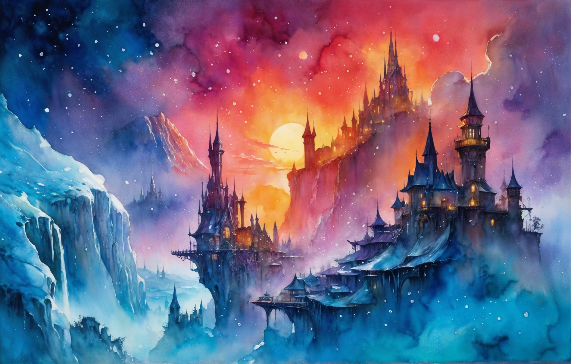 Fantasy Landscape with Castles and Vibrant Sunset
