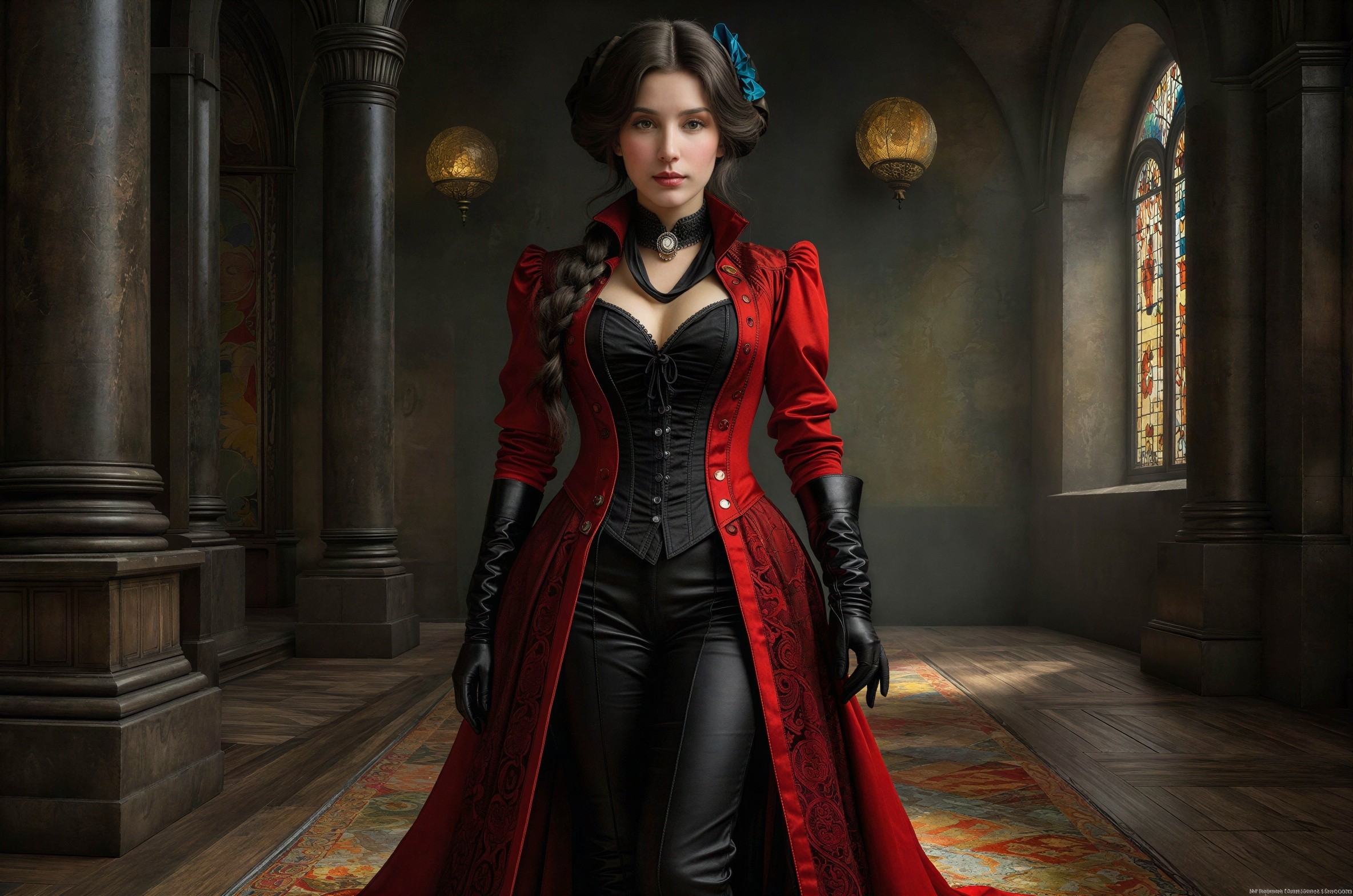 Gothic Hall with Woman in Victorian-Style Attire