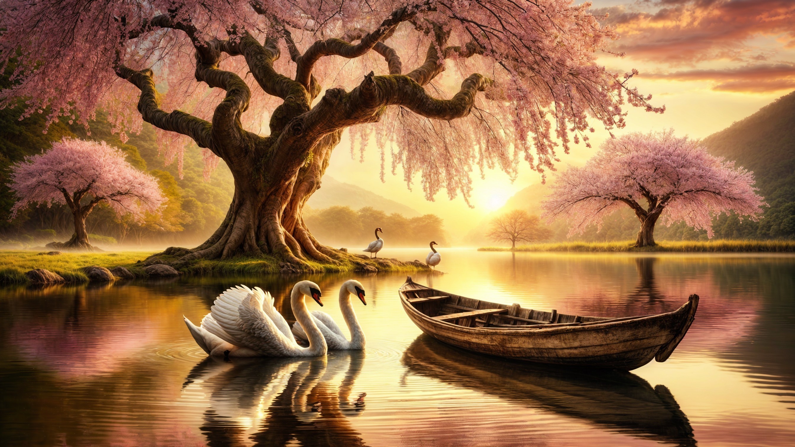 Serene Landscape with Swans and Cherry Blossoms