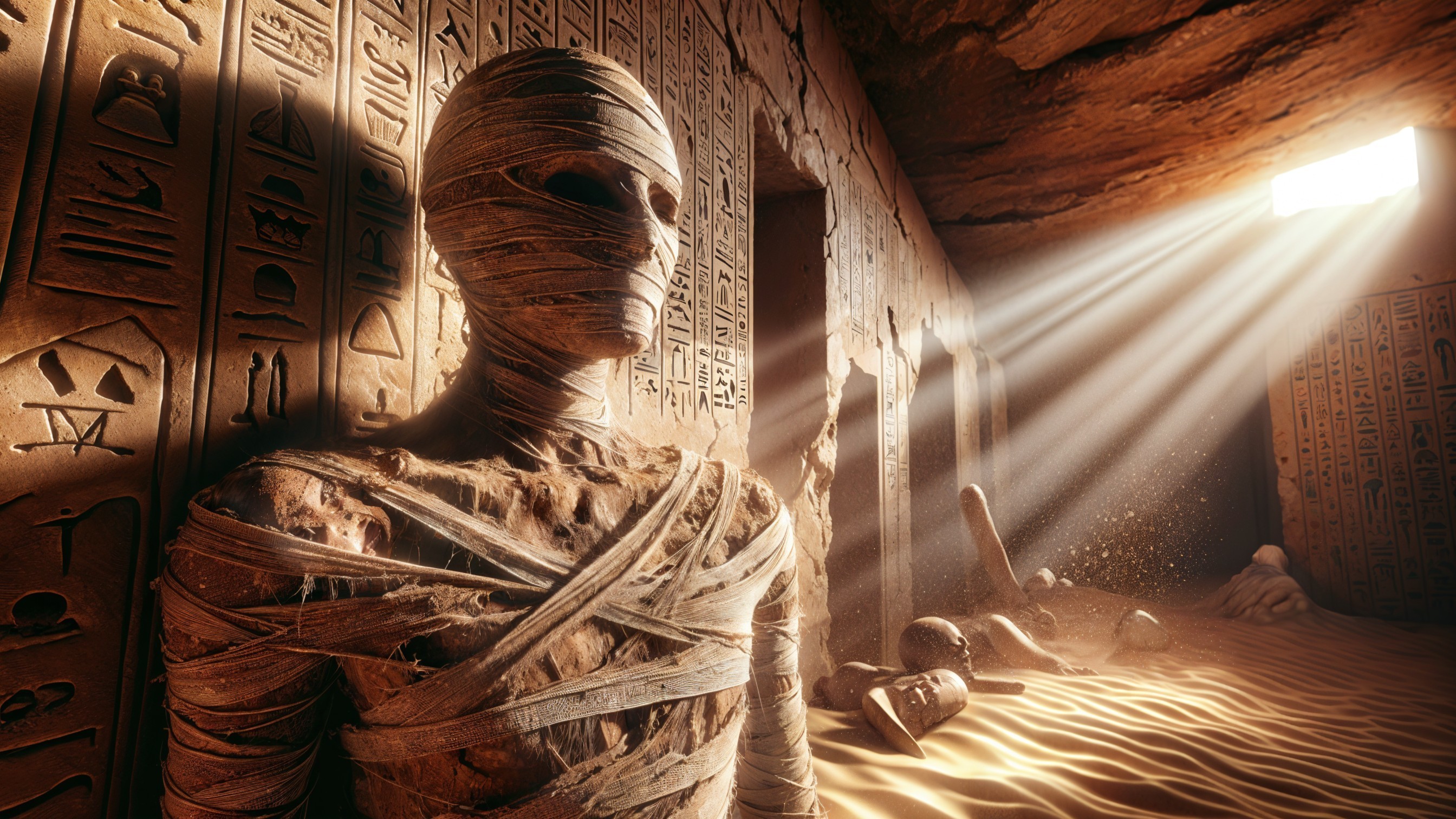 Ancient Tomb with Mummy and Hieroglyph-Covered Walls