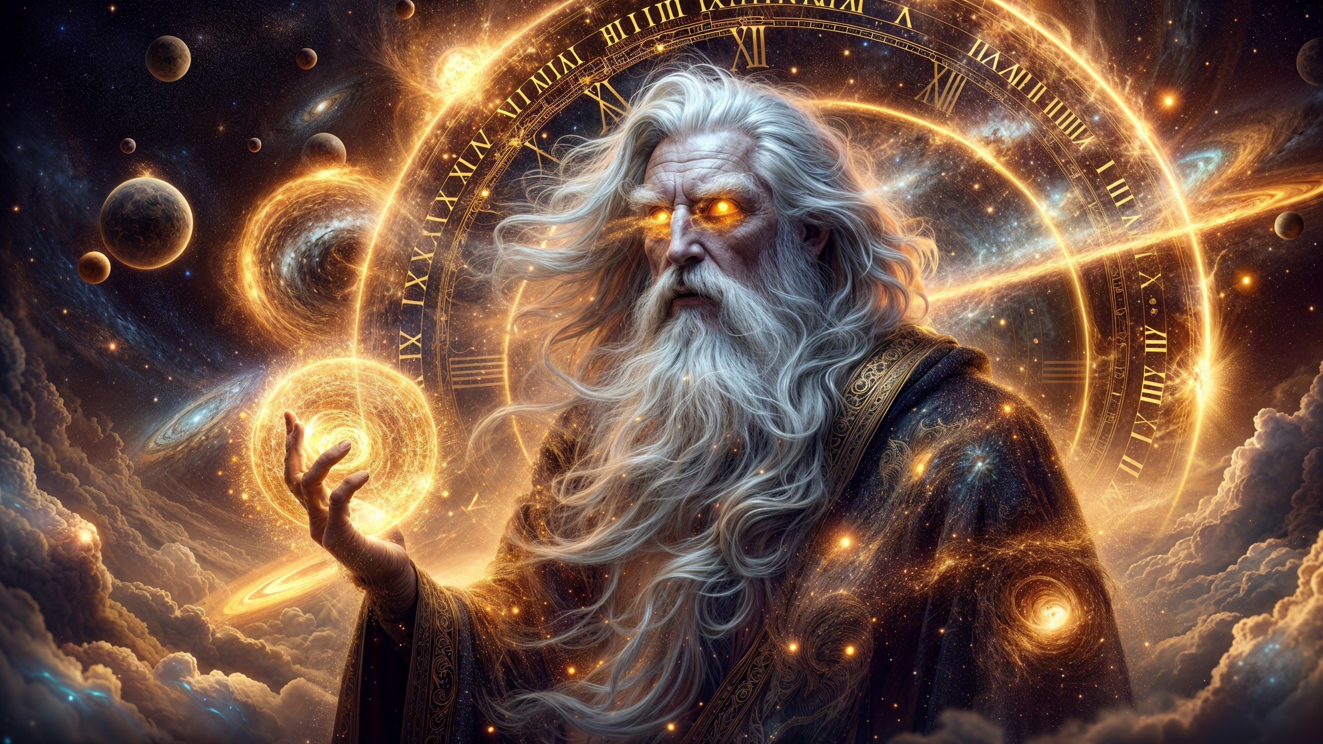 Cosmic Figure with White Hair and Golden Eyes