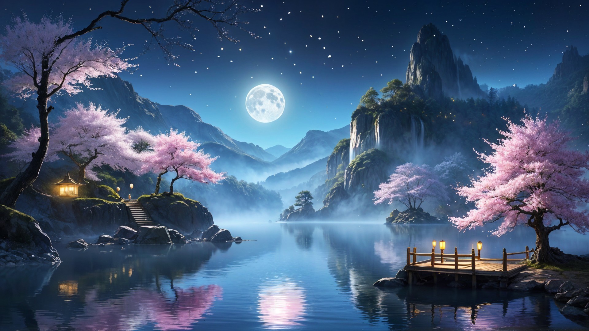 Tranquil Night Landscape with Lake and Mountains