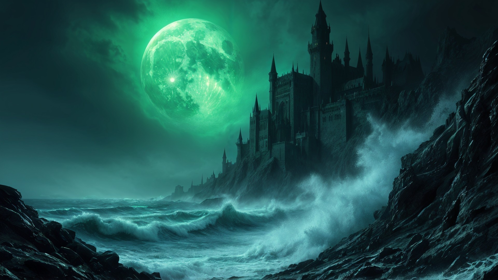 Eerie Coastal Landscape Under Green Moonlight