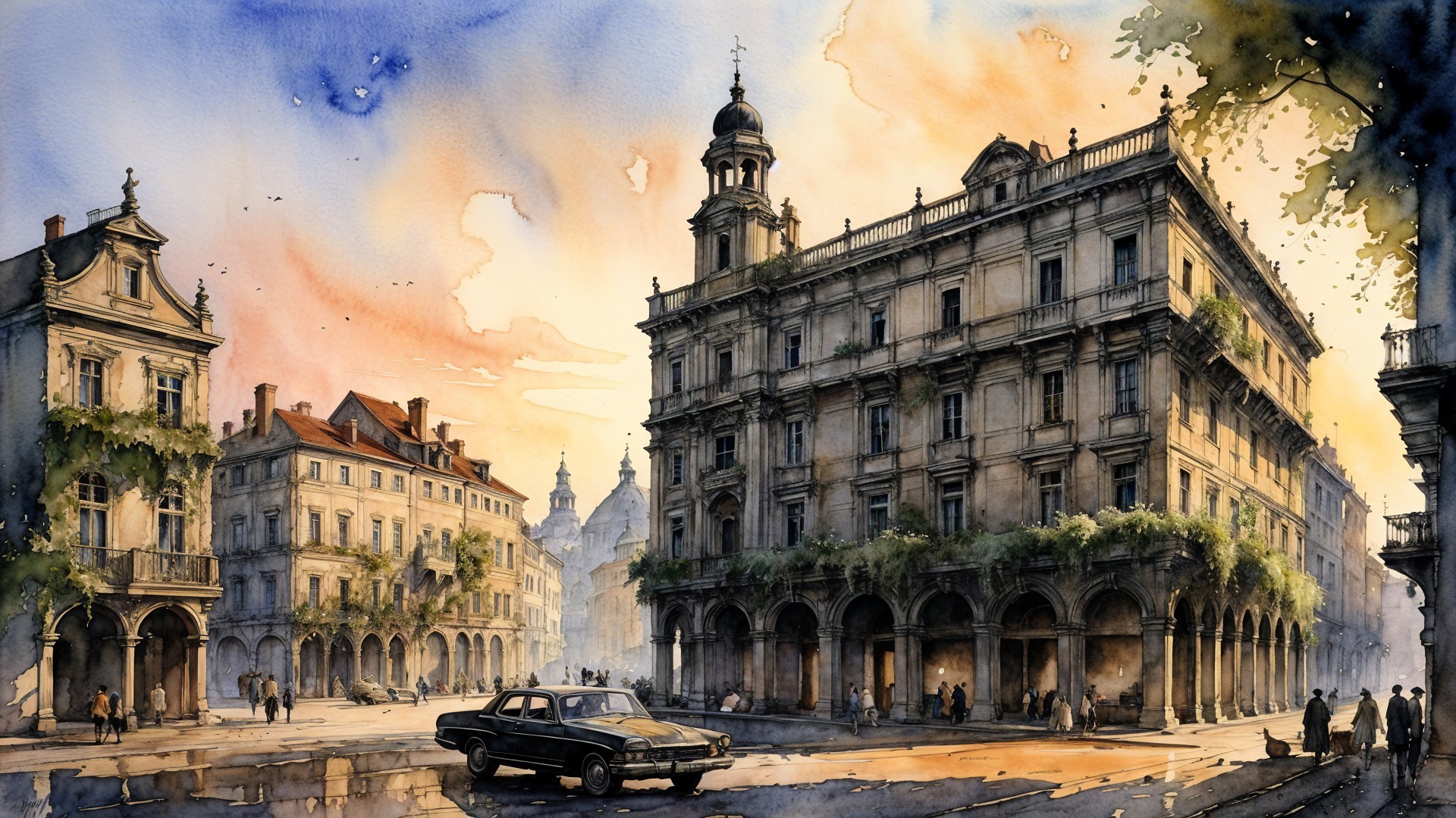 Watercolor Cityscape with Historic Buildings and Sunset