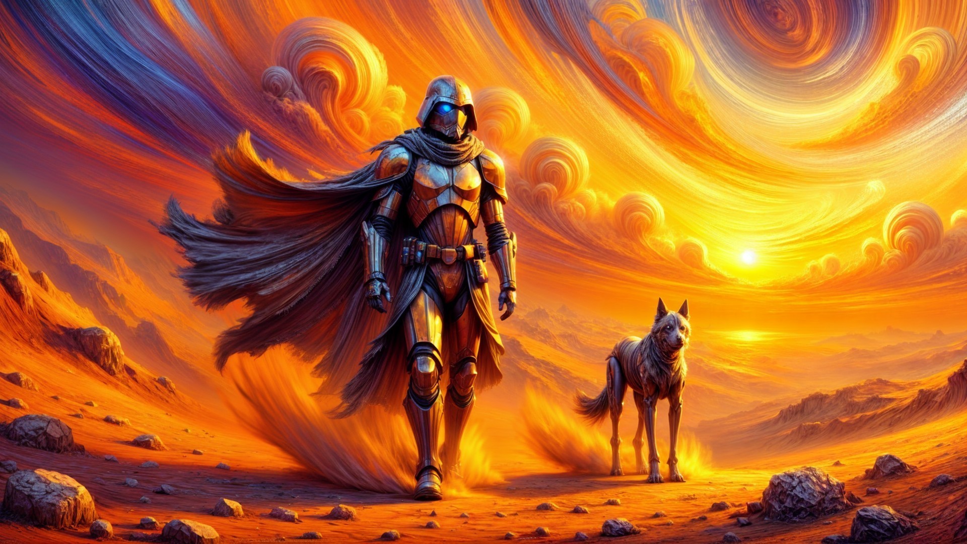 Futuristic warrior in ornate armor in vibrant landscape
