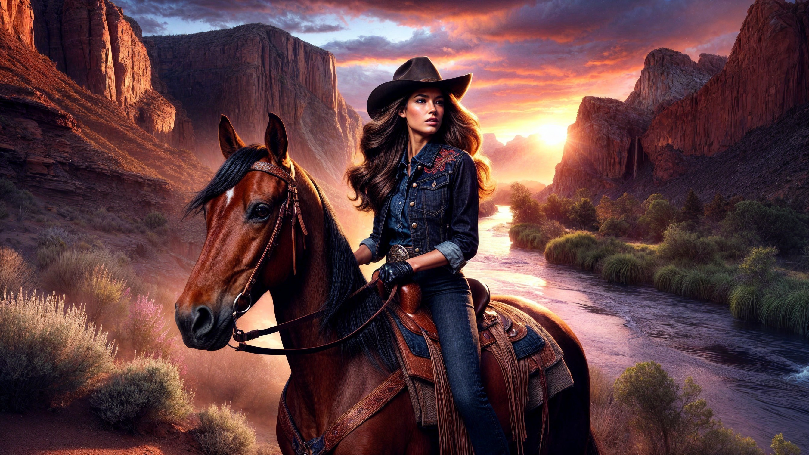 Woman on Horse in Sunset Landscape with Cliffs