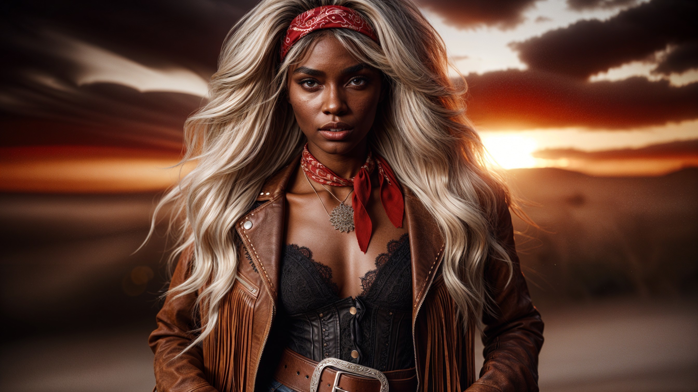 Confident Woman in Leather Jacket Against Sunset Backdrop