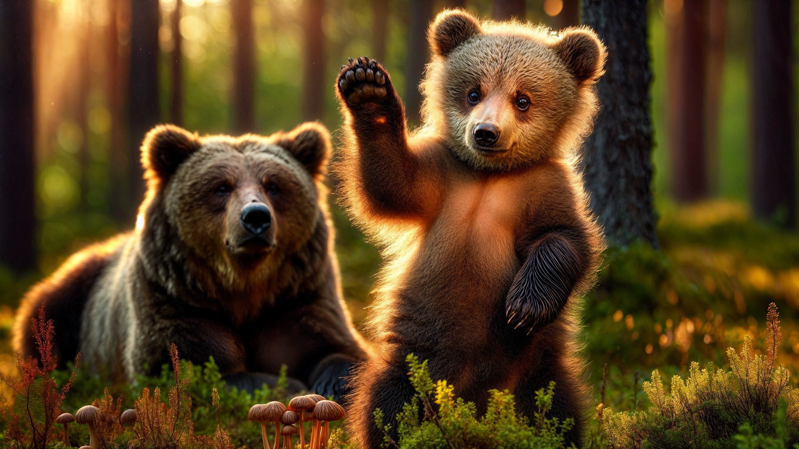Bear Cub Playfully Waving in Sunlit Forest Setting