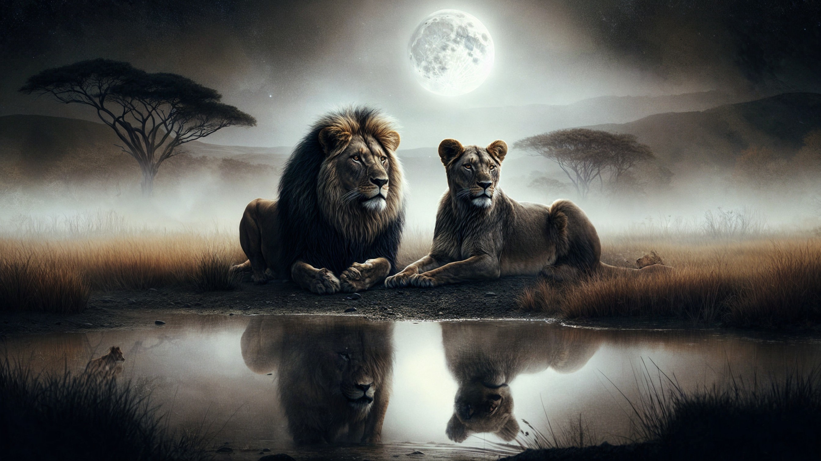 Lion and Lioness by a Moonlit Waterhole Scene