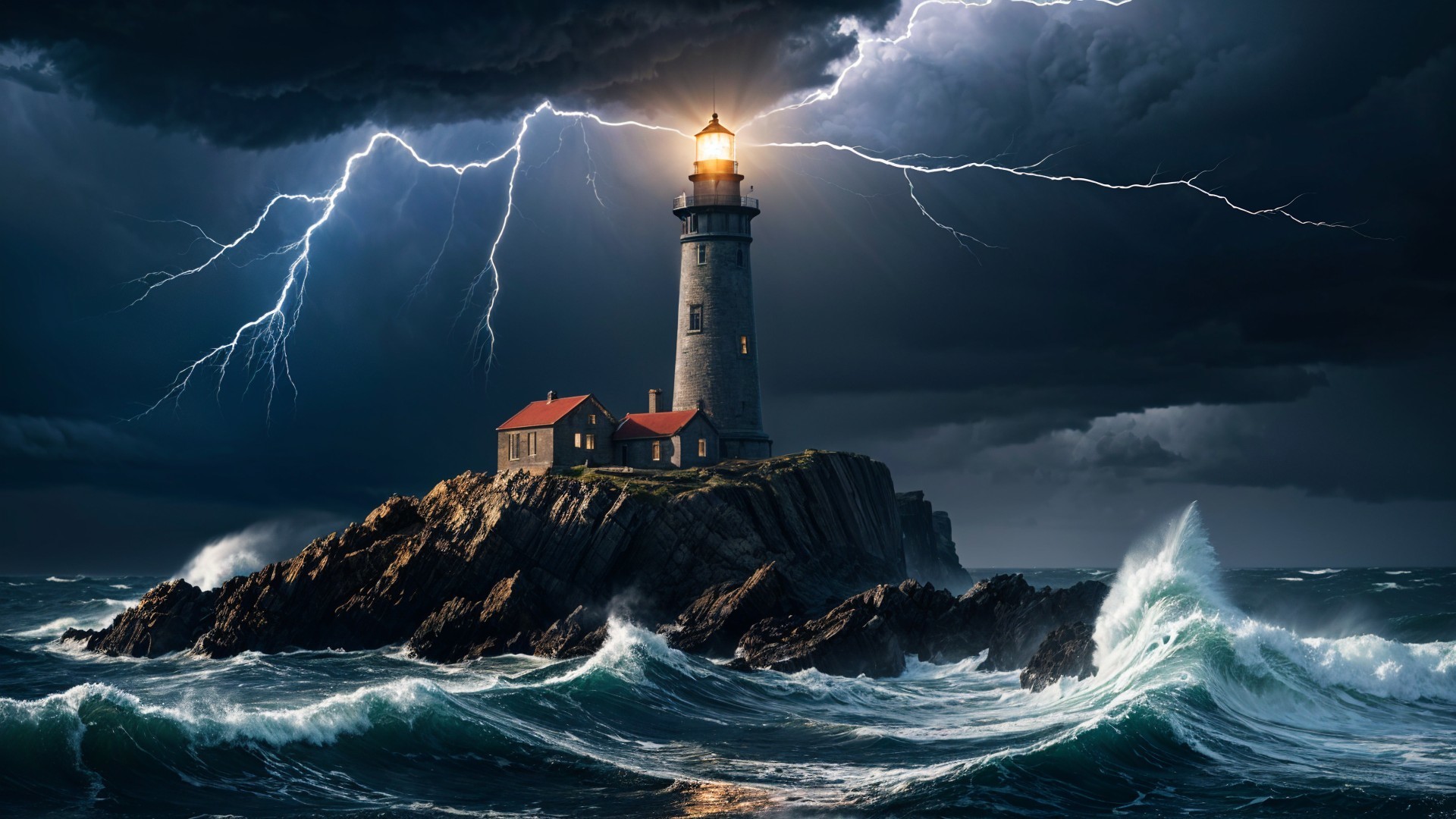 Dramatic Lighthouse on Rocky Cliff During Stormy Weather