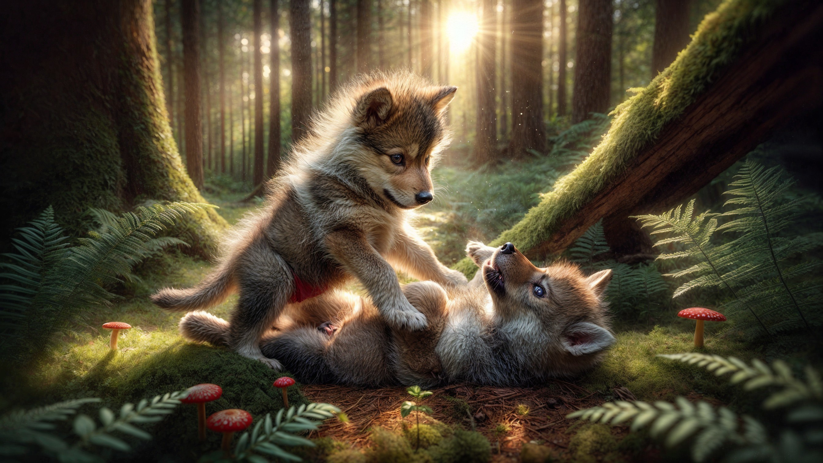 Wolf Pups Play in Sunlit Forest Glade with Ferns
