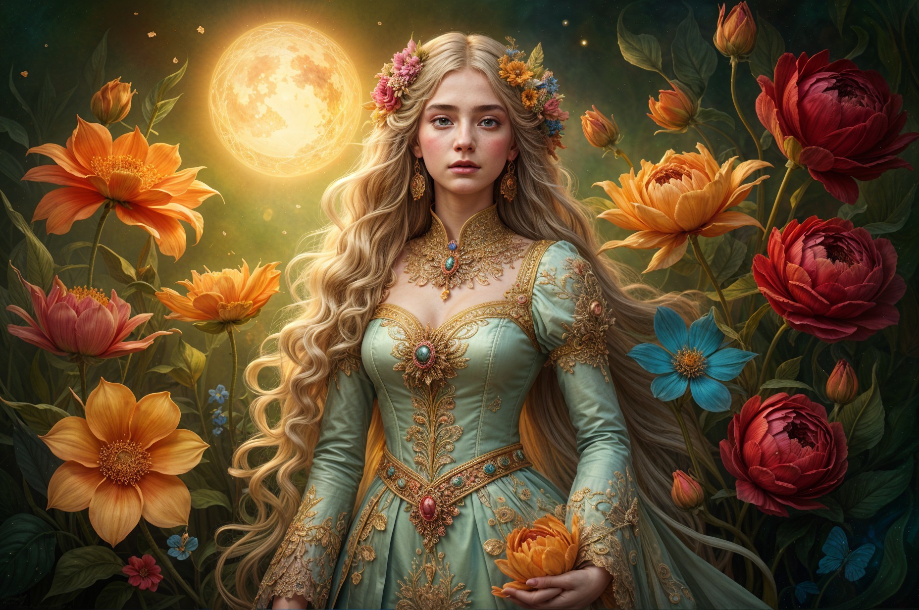 Young woman in teal gown in a vibrant garden scene