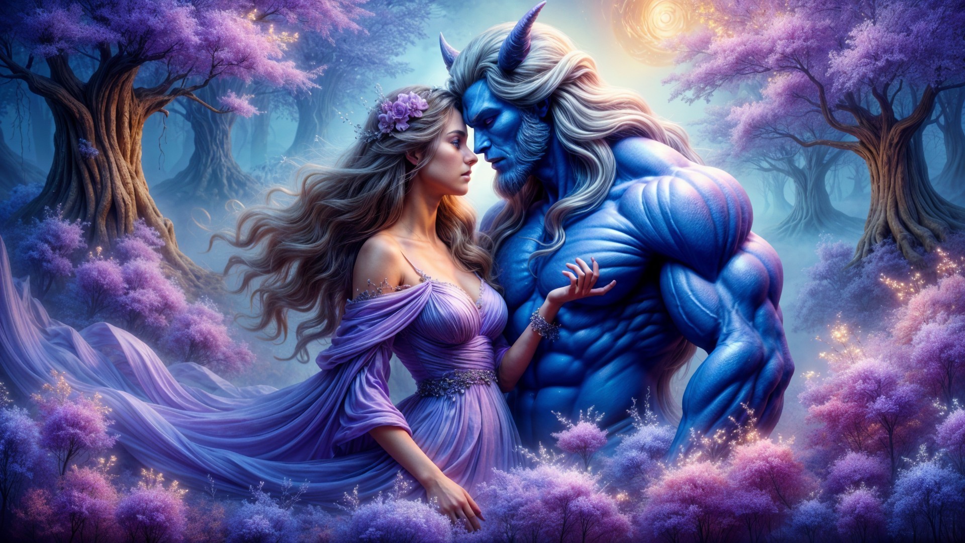 Mystical forest with purple trees and blue beast