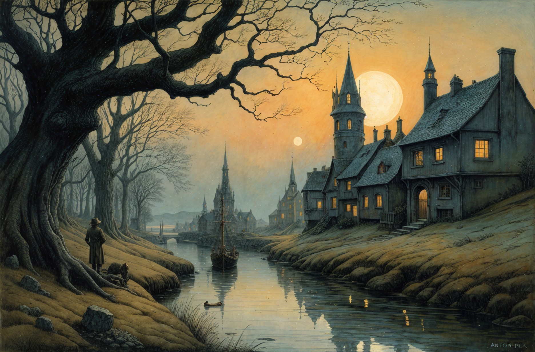 Twilight River Scene with Old Houses and Moonlight