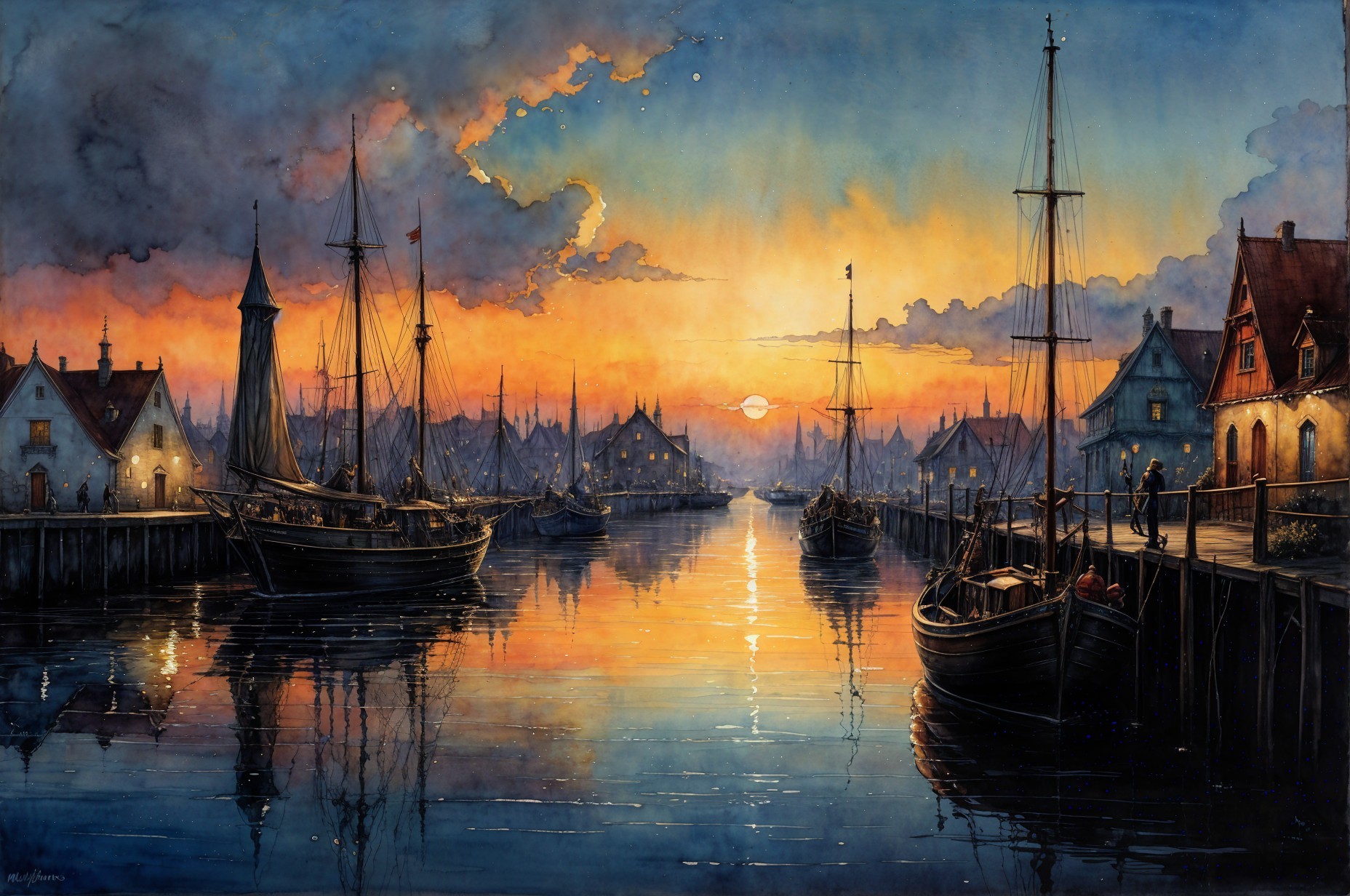 Tranquil Harbor Scene at Sunset with Silhouetted Boats