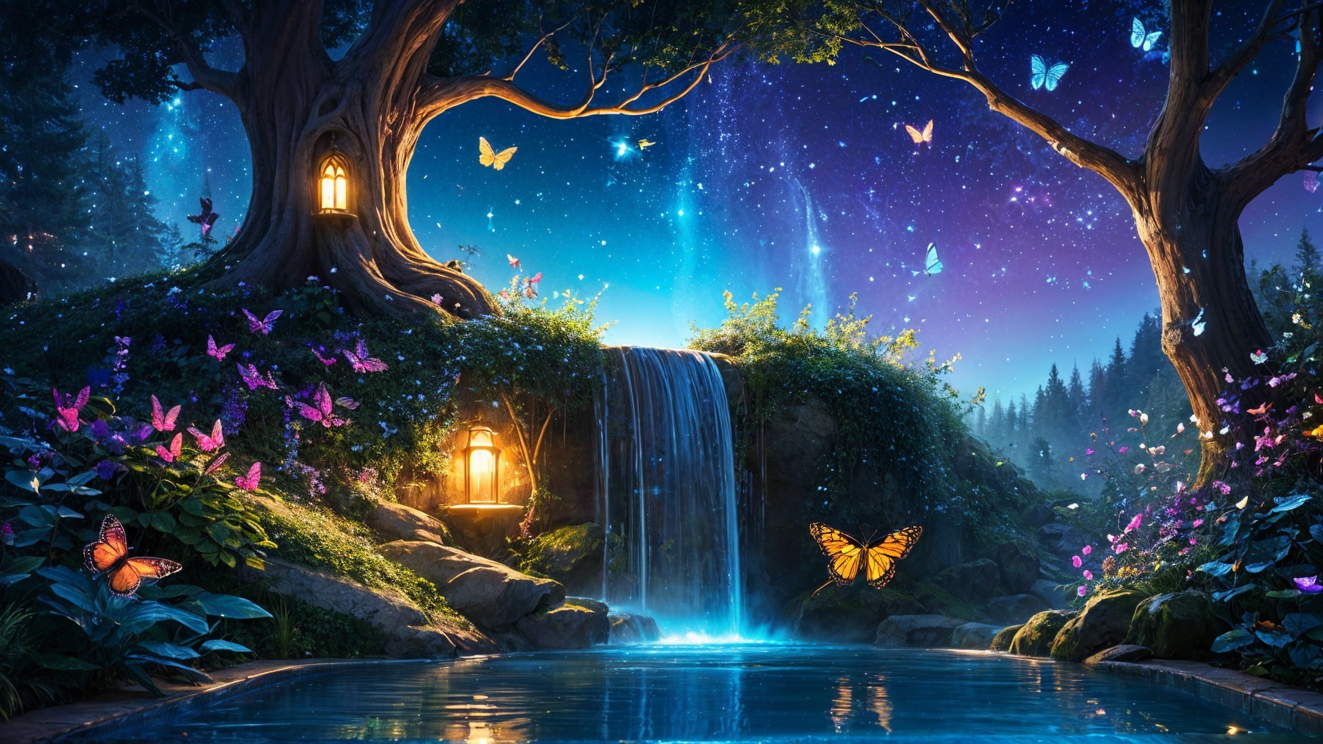 Enchanted Landscape with Waterfall and Night Sky