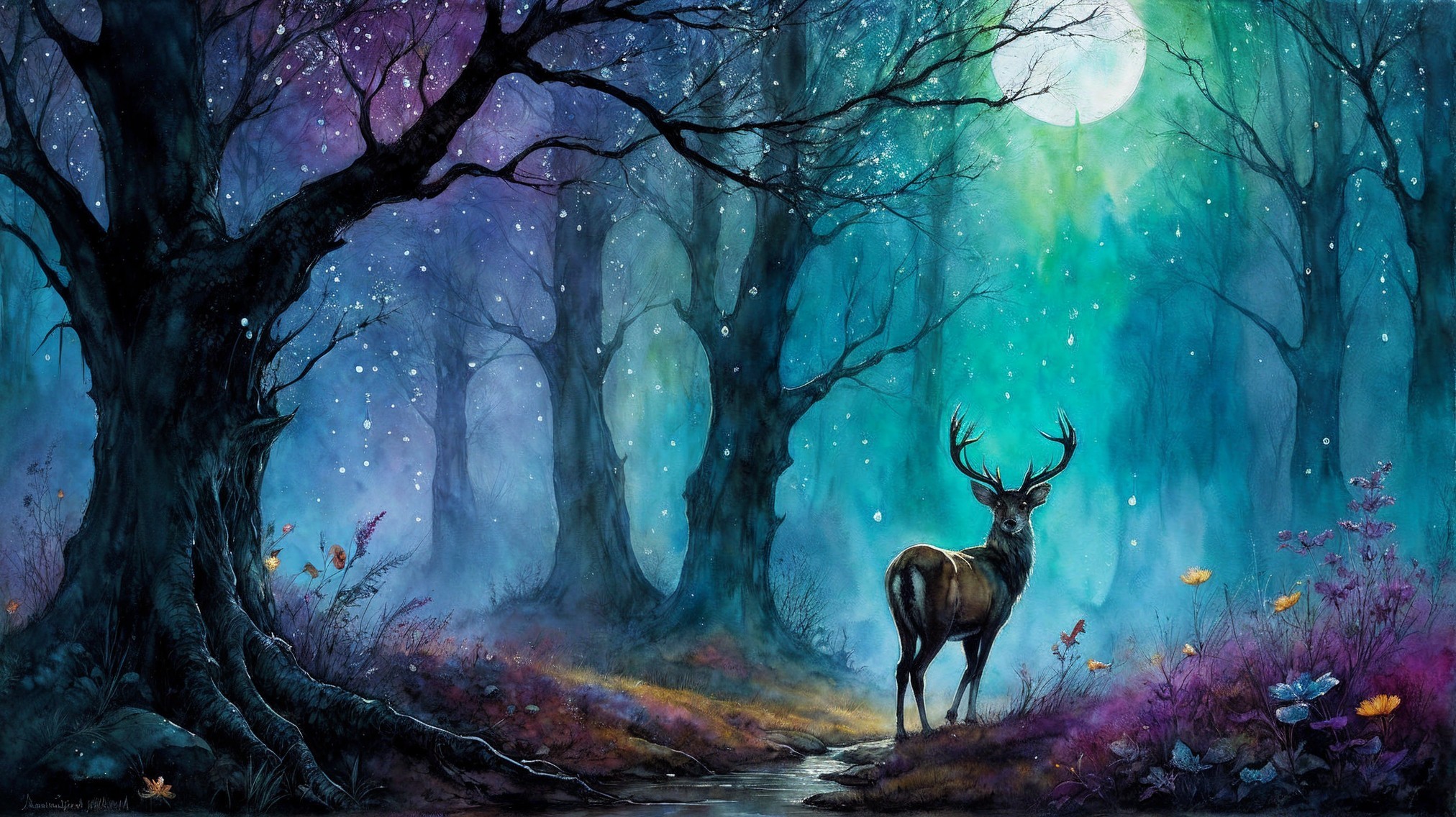 Majestic deer by a moonlit stream in a forest