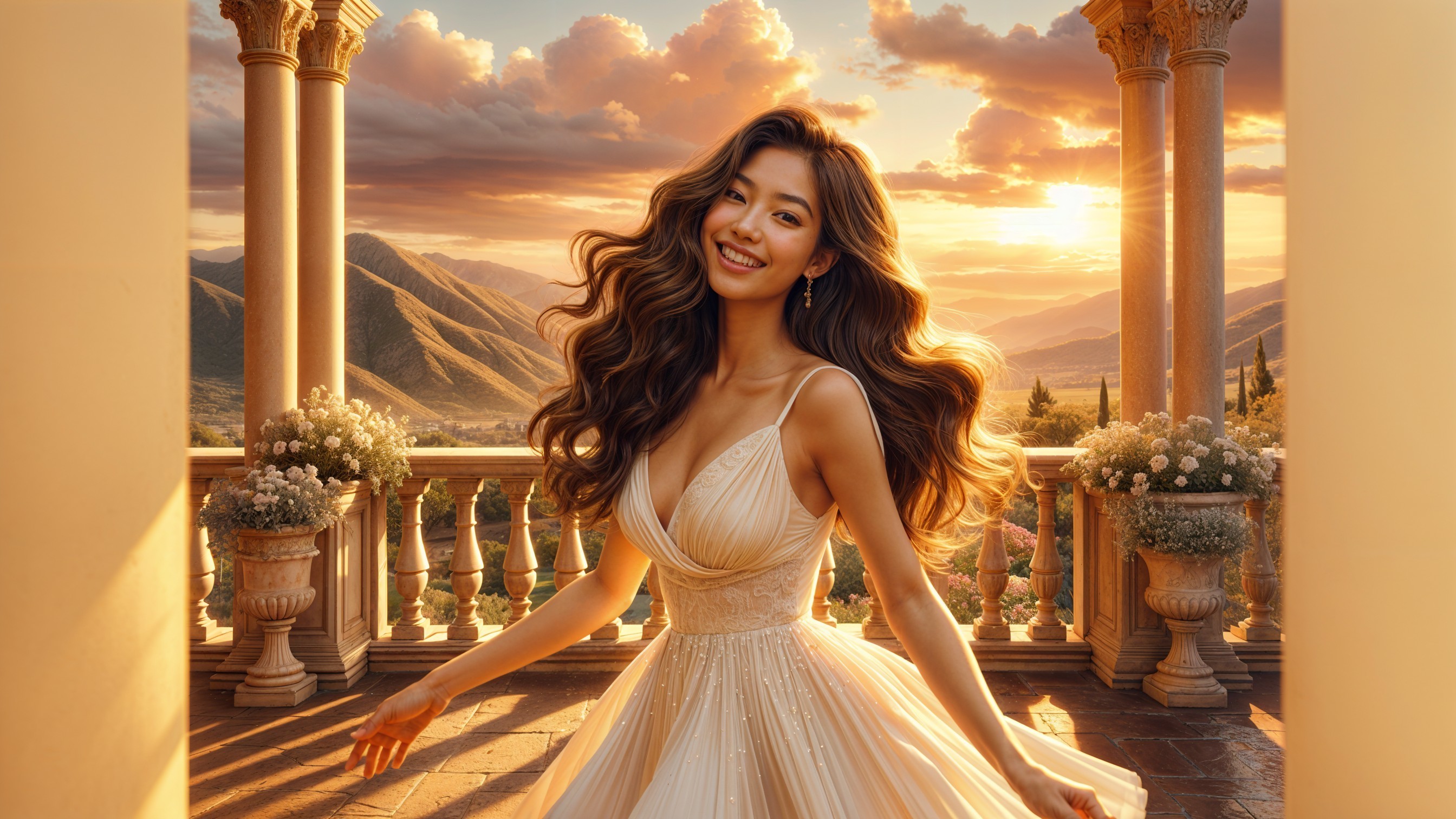 Young Woman in Elegant Gown Against Sunset Background