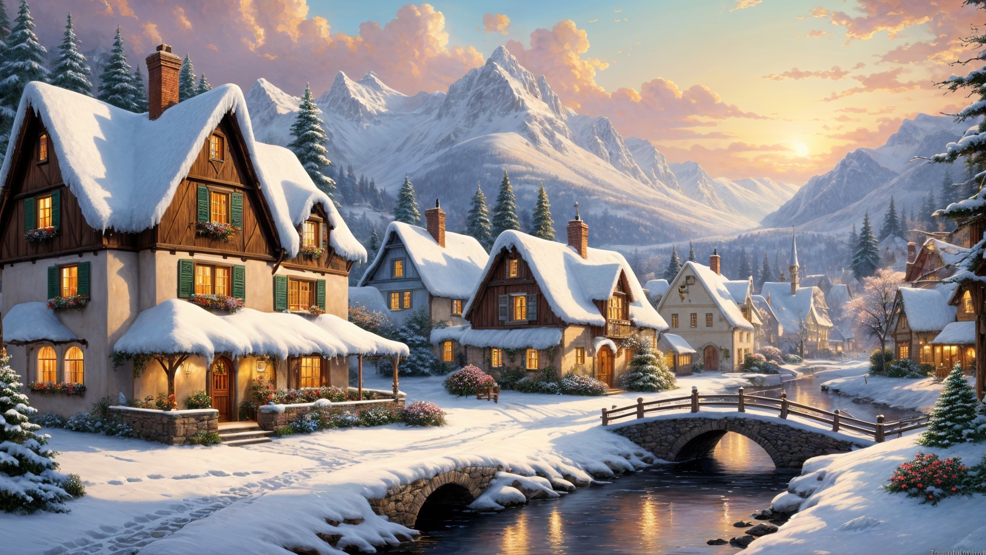 Winter Village Surrounded by Snow-Capped Mountains
