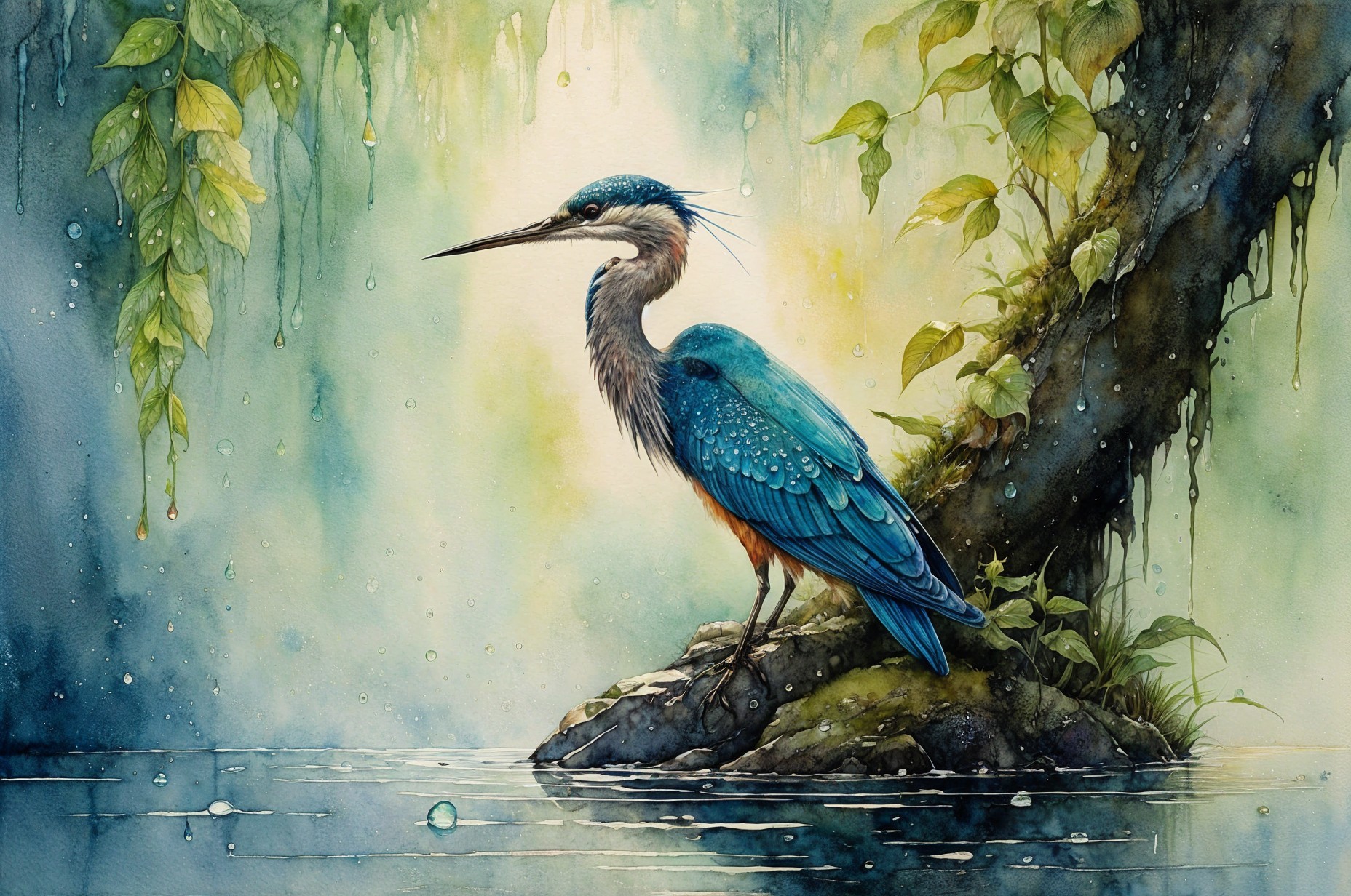 Watercolor Painting of Heron by Serene Water Body