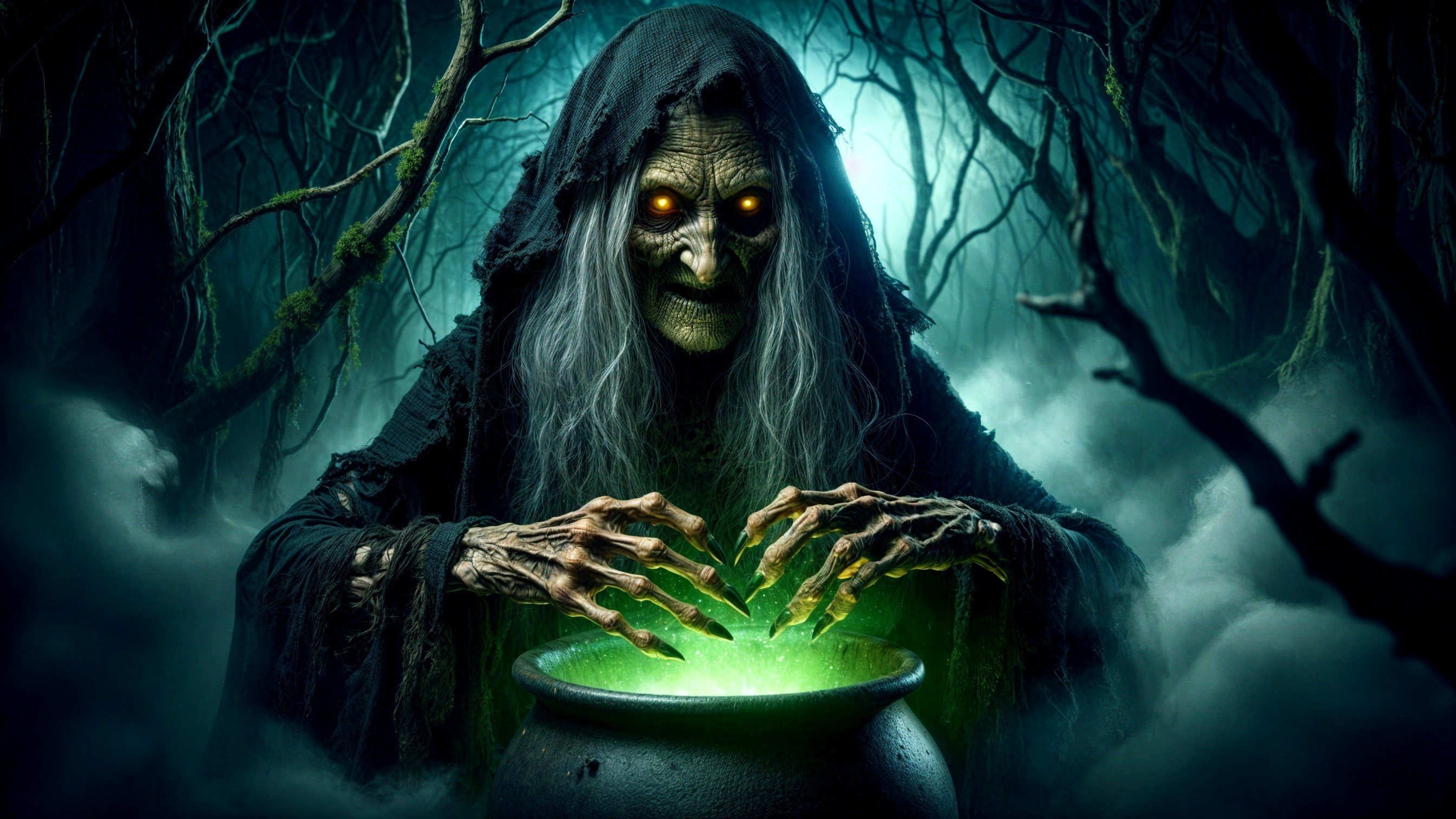 Witch Brewing Dark Potion in Eerie Forest Setting