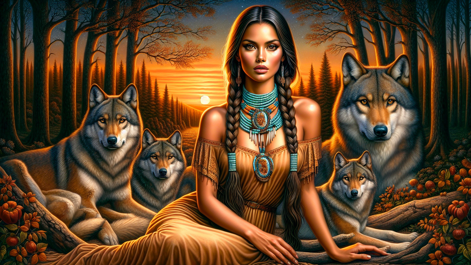Young woman with wolves in a sunset forest scene