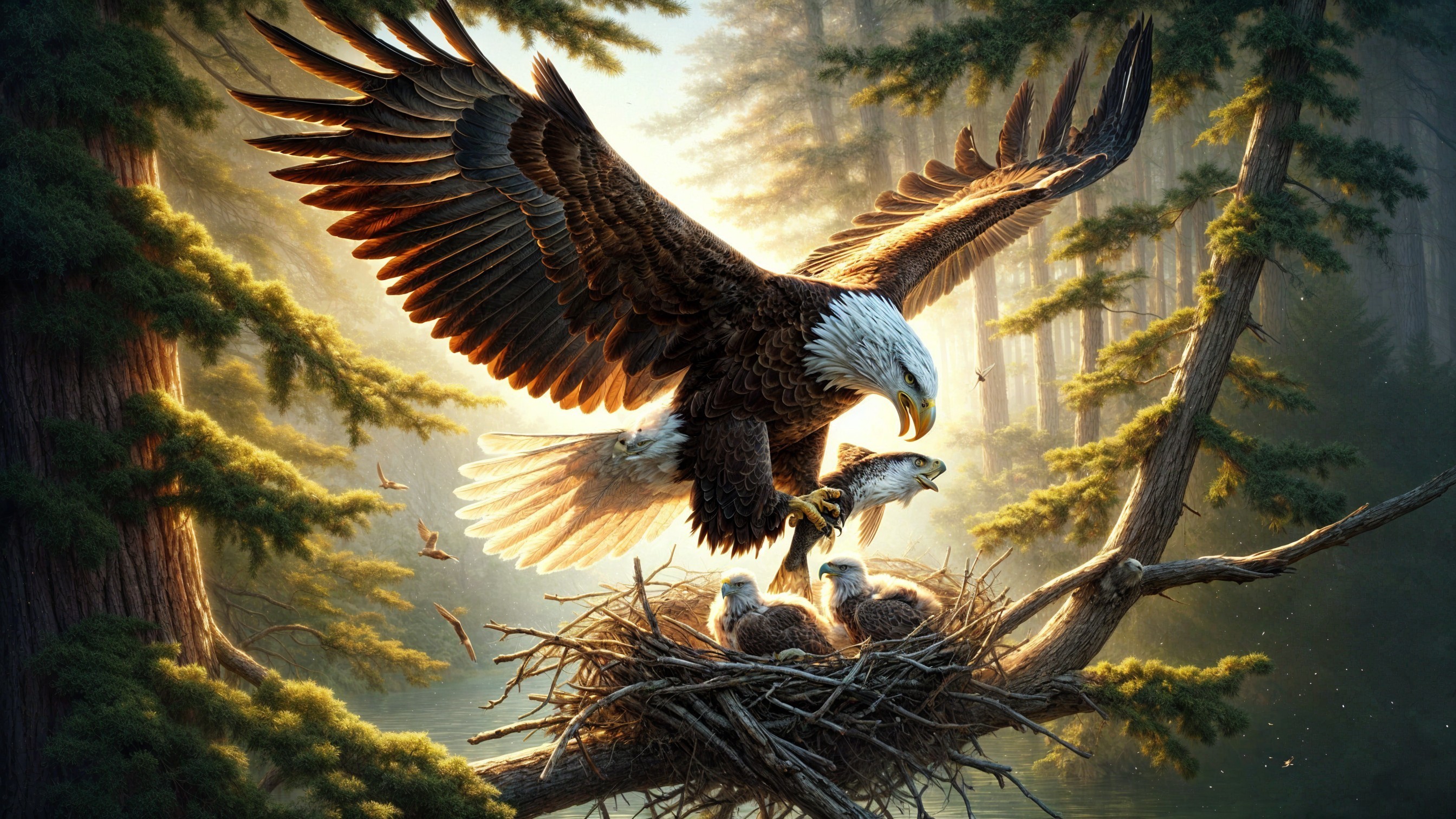 Bald Eagle Feeding Eaglets in Forest Nest Scene