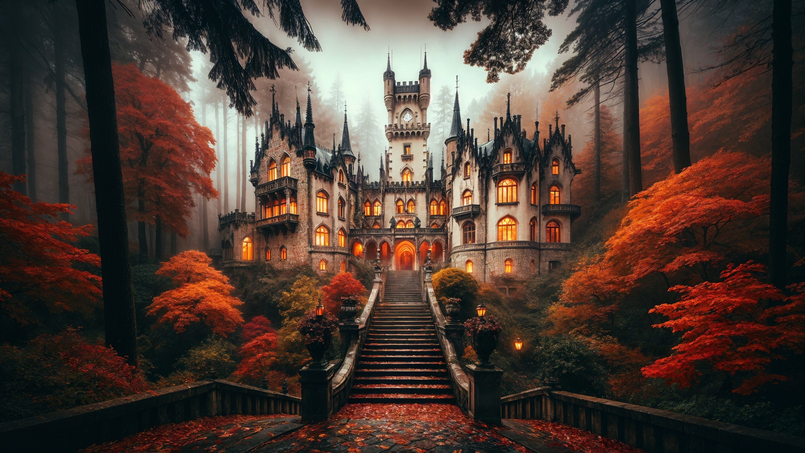 Gothic castle in autumn forest with warm glowing light