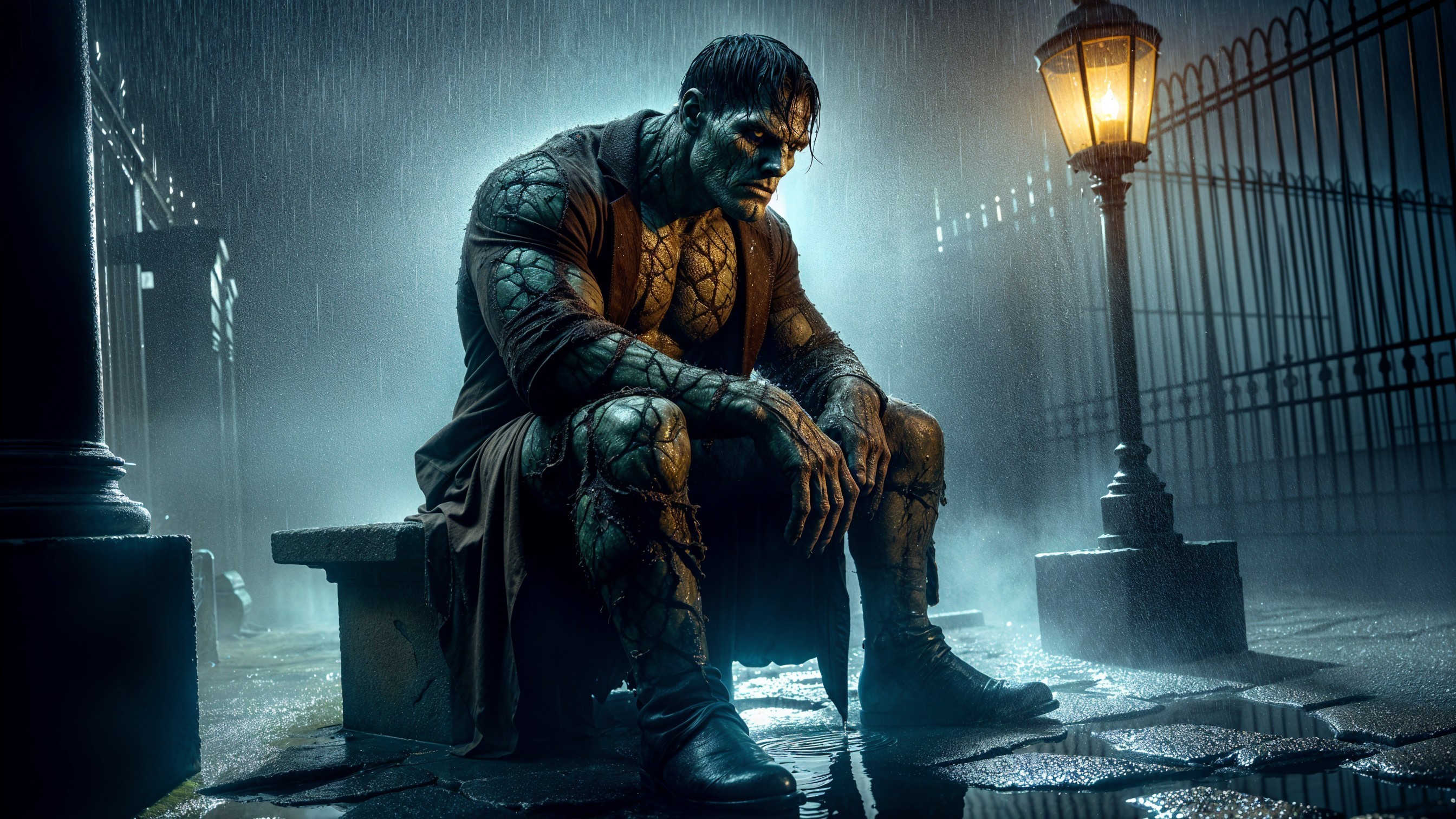 Muscular Creature in Rainy, Dark Environment