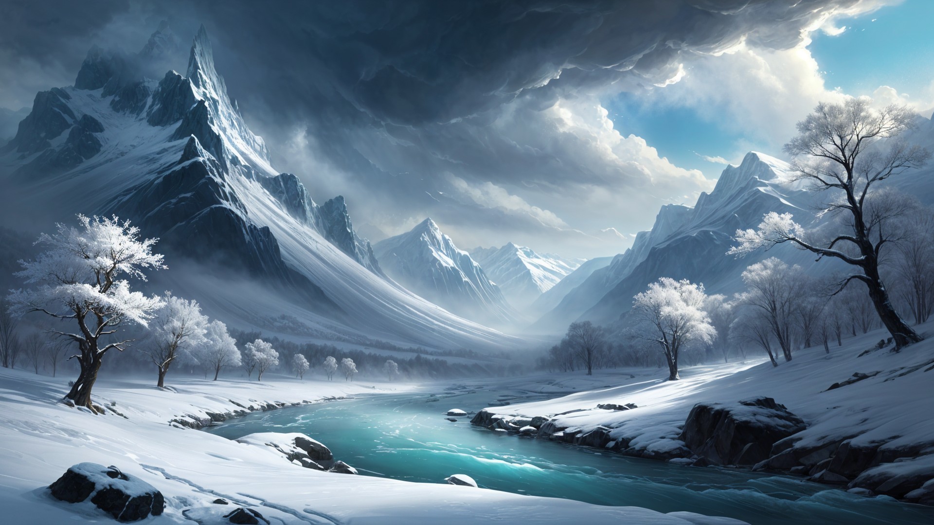 Winter Landscape with Snow-Capped Mountains and River