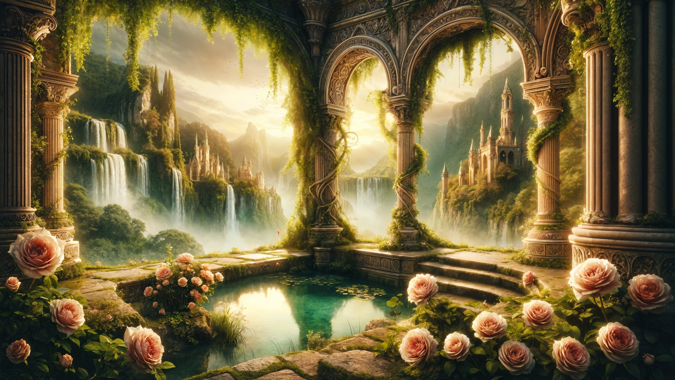Serene fantasy landscape with waterfalls and castles