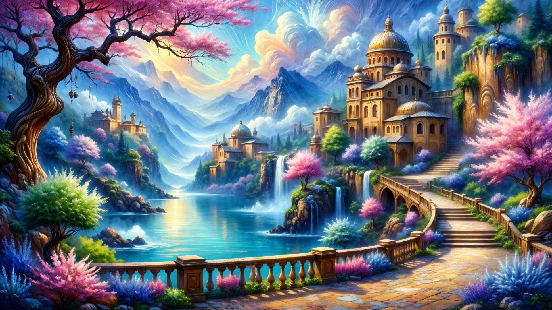 Fantasy Landscape with Lake and Cherry Blossoms