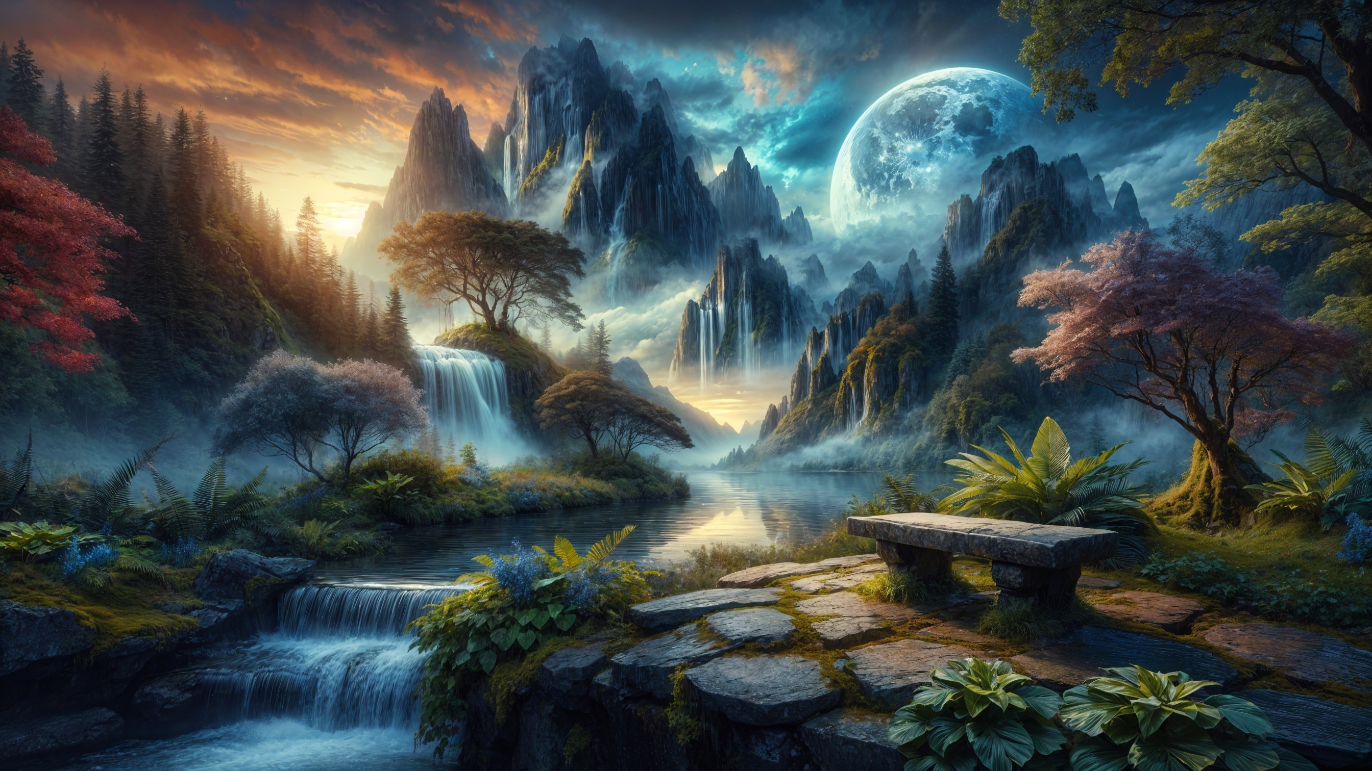 Majestic Mountains and Waterfalls at Sunset Scene