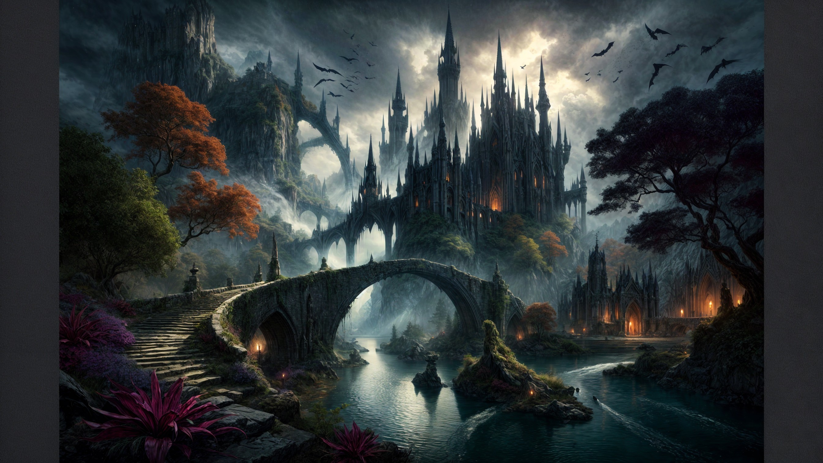 Dark Fantastical Landscape with Castle and Mist