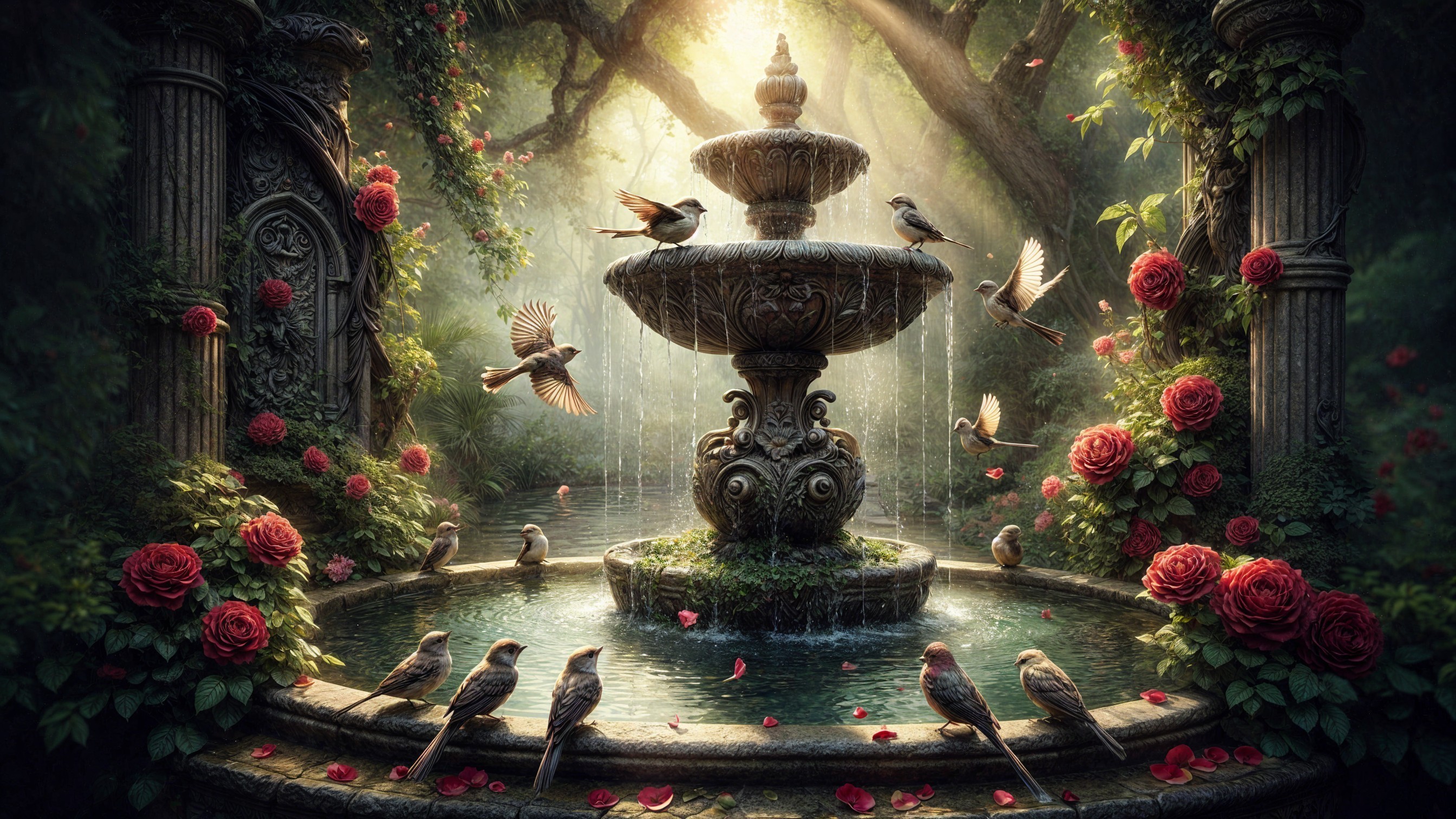Serene Garden with Ornate Fountain and Vibrant Roses