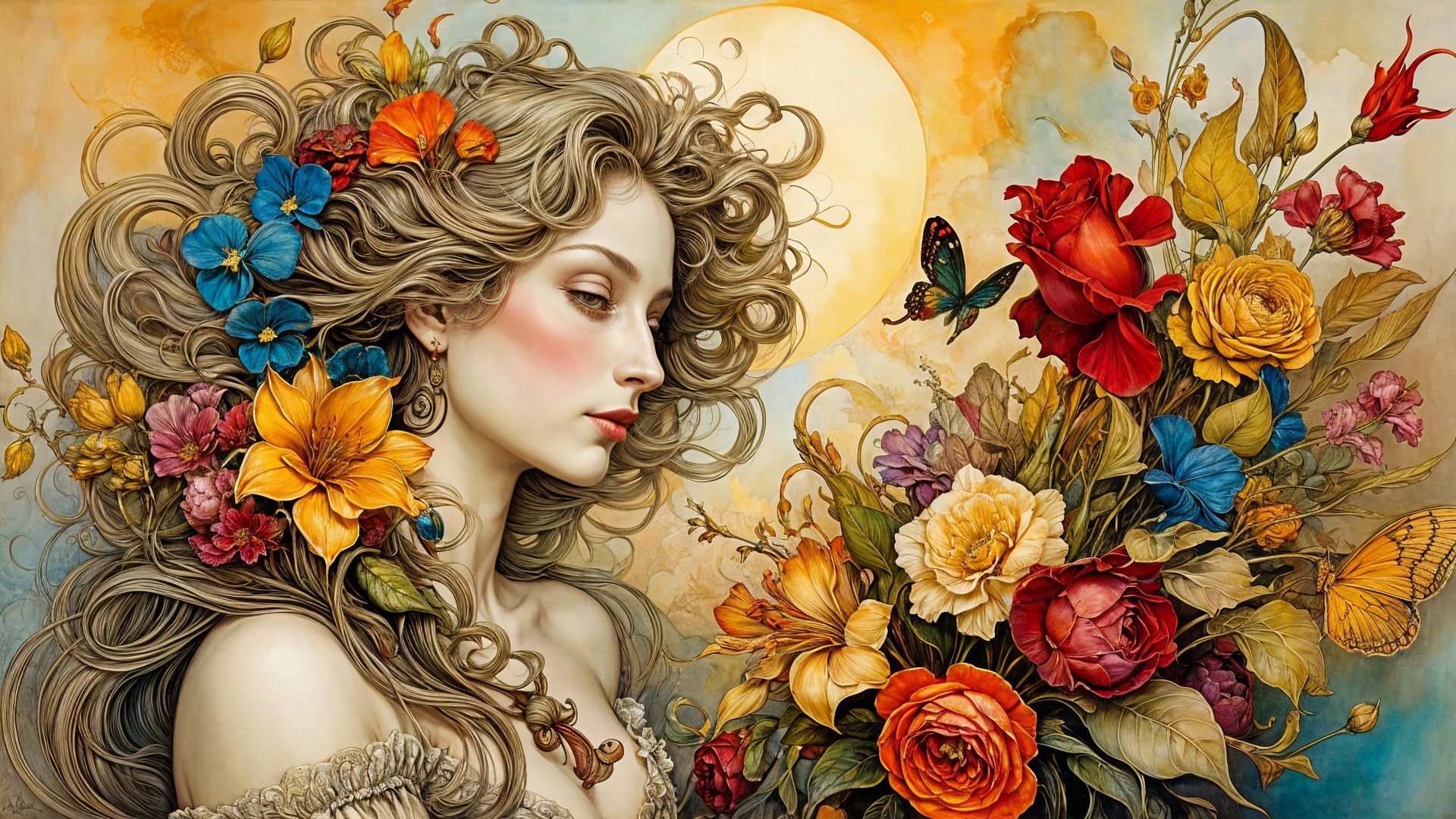 Portrait of a woman with flowers and butterflies