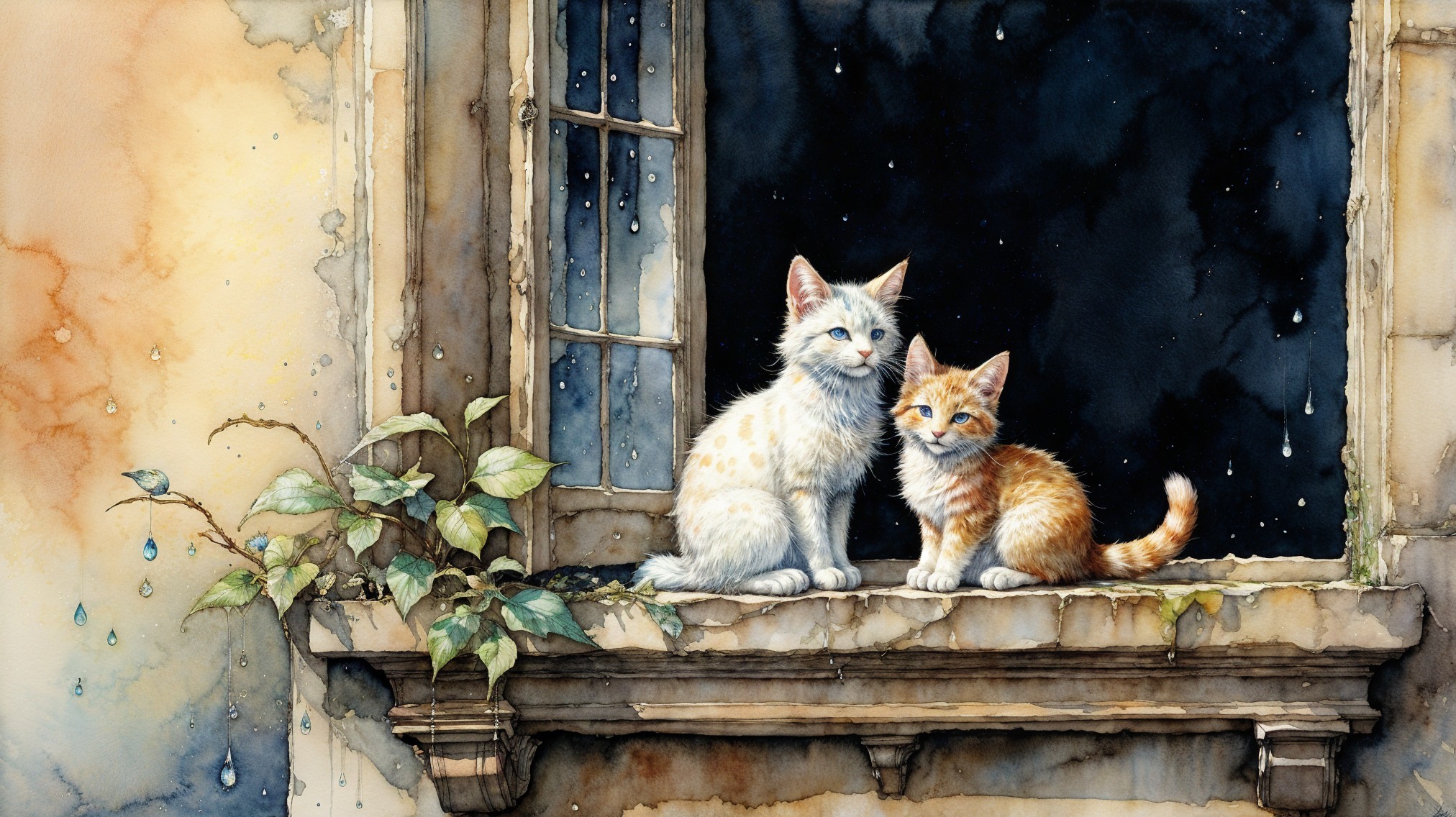 Cats on a weathered windowsill with raindrops and vines