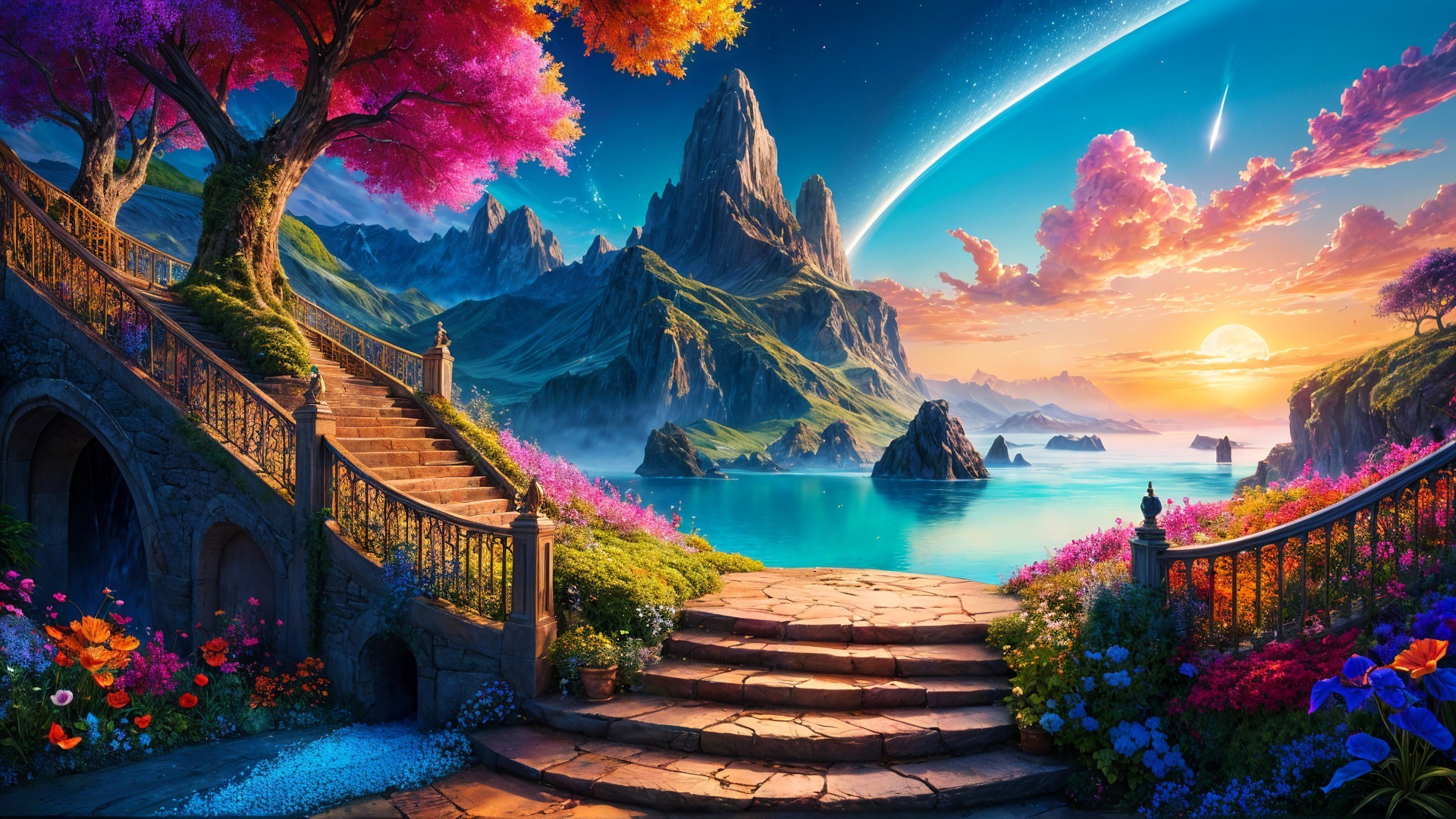 Vibrant Landscape with Mountains and Colorful Sky