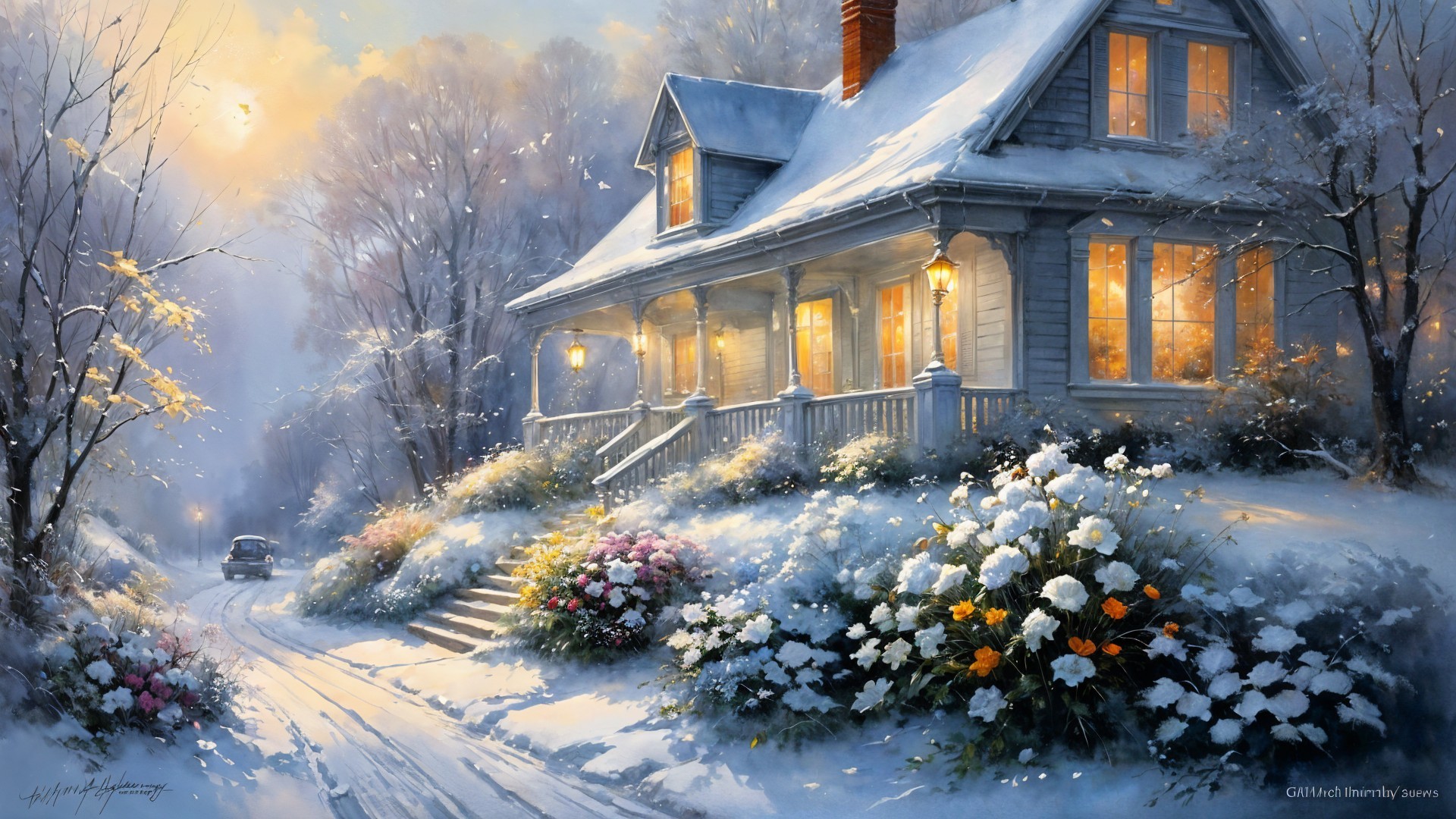Cozy Winter Scene with Snow-Covered House and Path