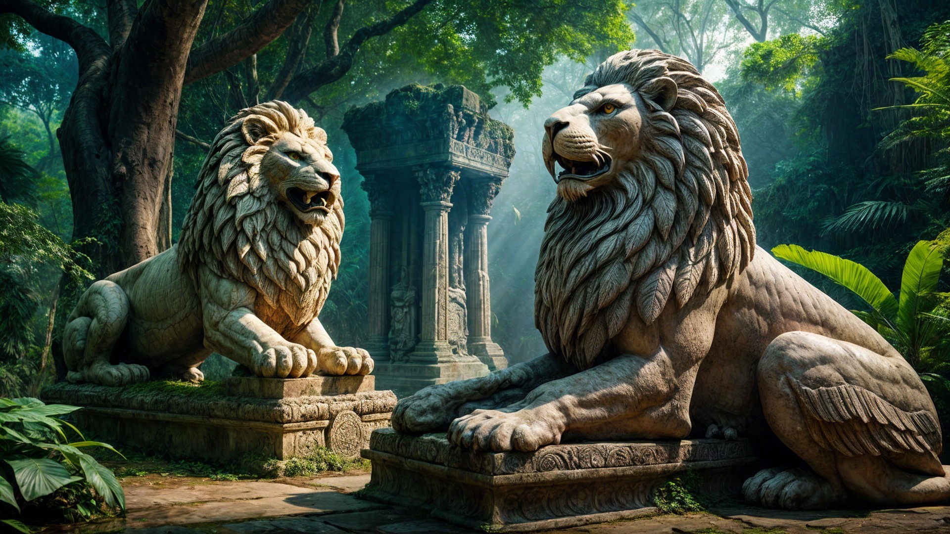 Stone Lions Guarding Ancient Jungle Ruins