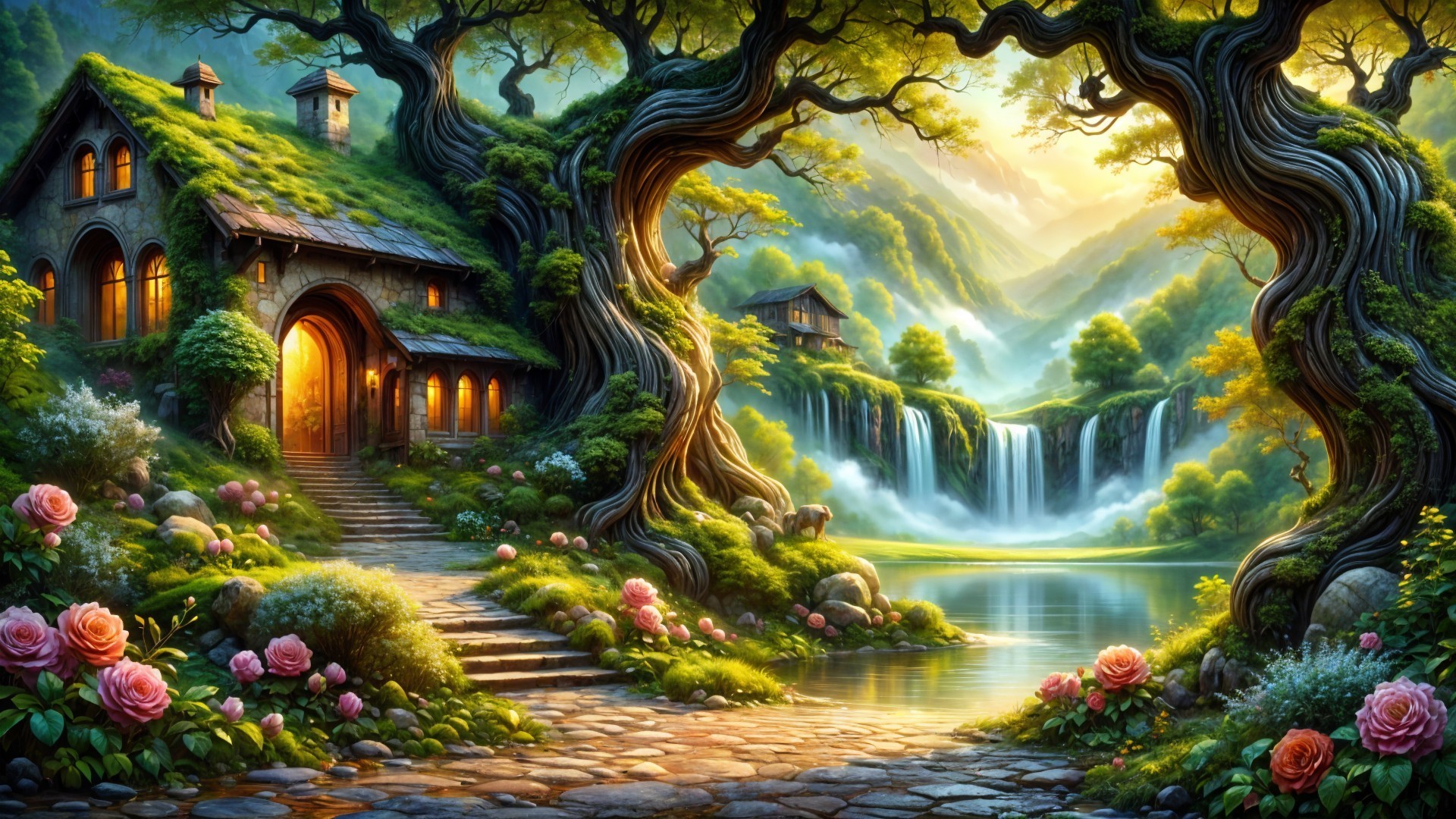 Charming Cottage in Serene Landscape with Waterfall
