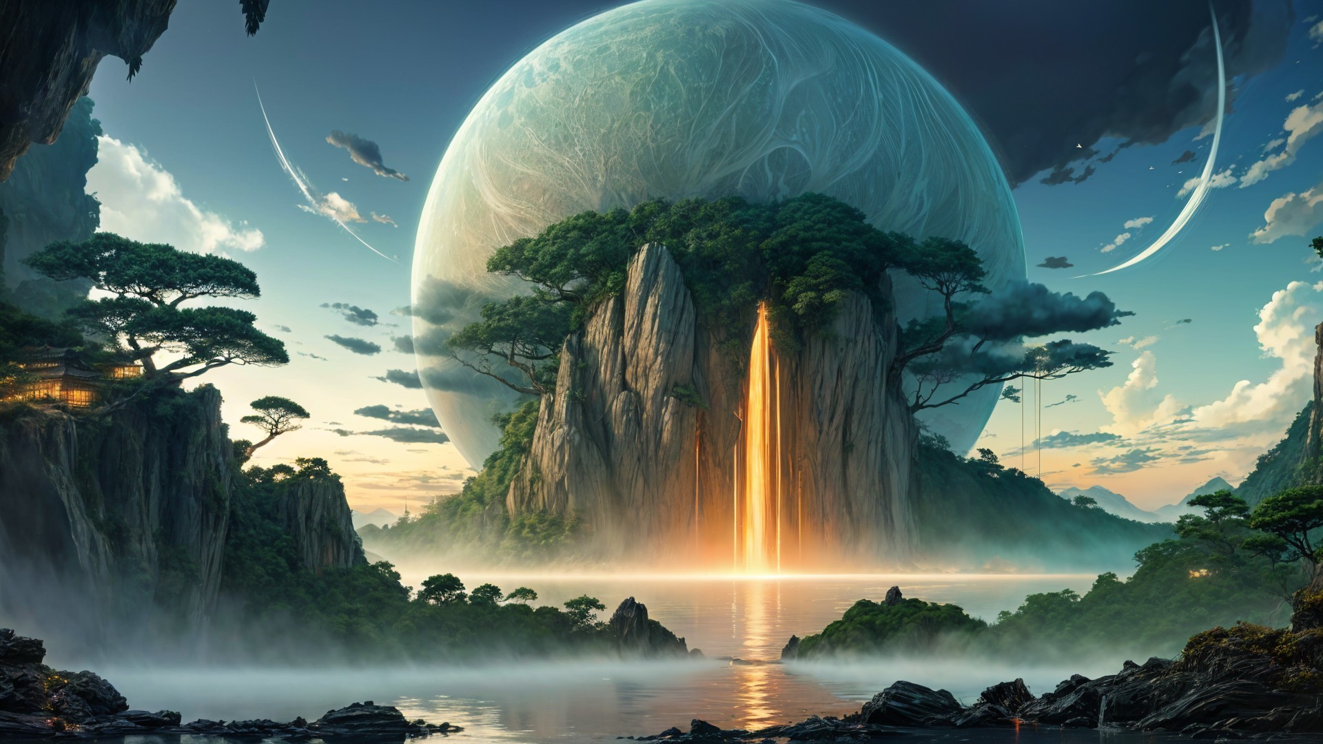 Towering Rock Formation with Waterfall and Lake