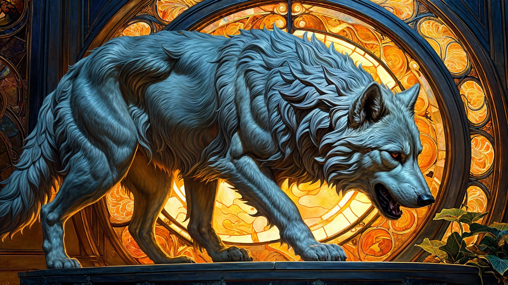 Majestic white wolf before a stained glass window