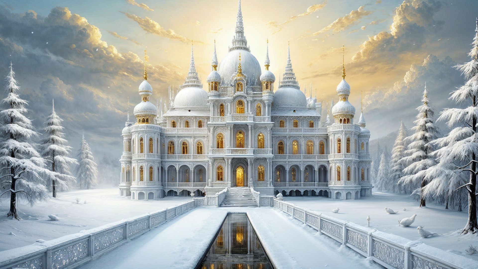 Snow-Covered Palace in Twilight with Reflective Pond