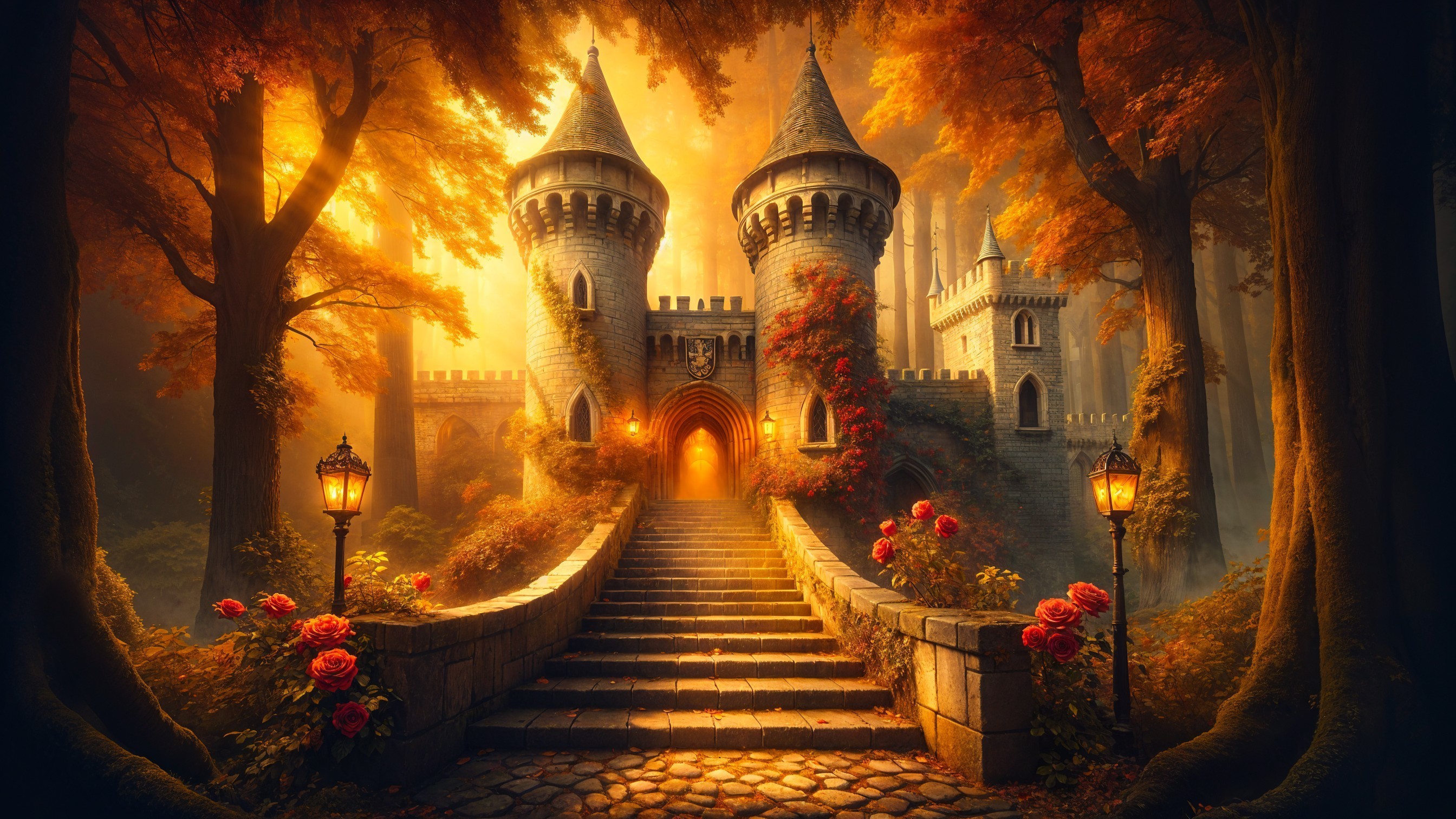 Castle Surrounded by Vibrant Autumn Forest and Roses