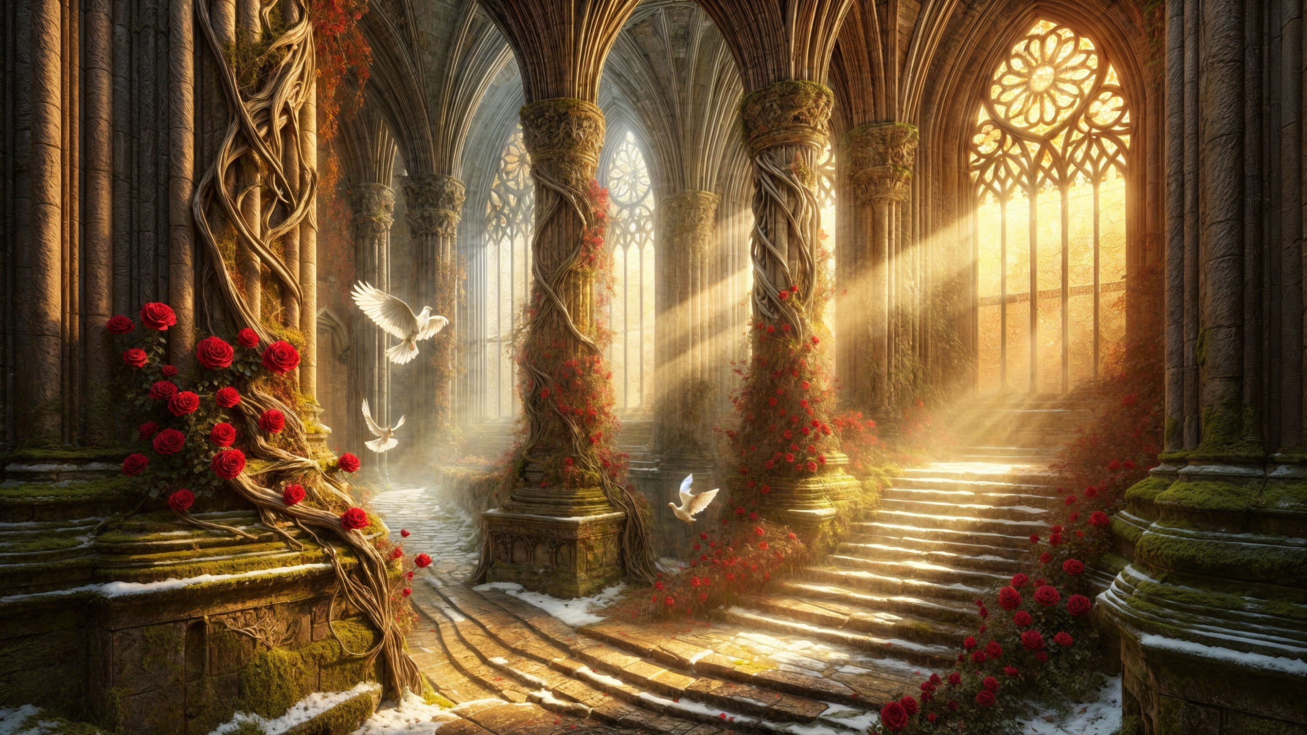 Ancient Cathedral Ruin Surrounded by Red Roses