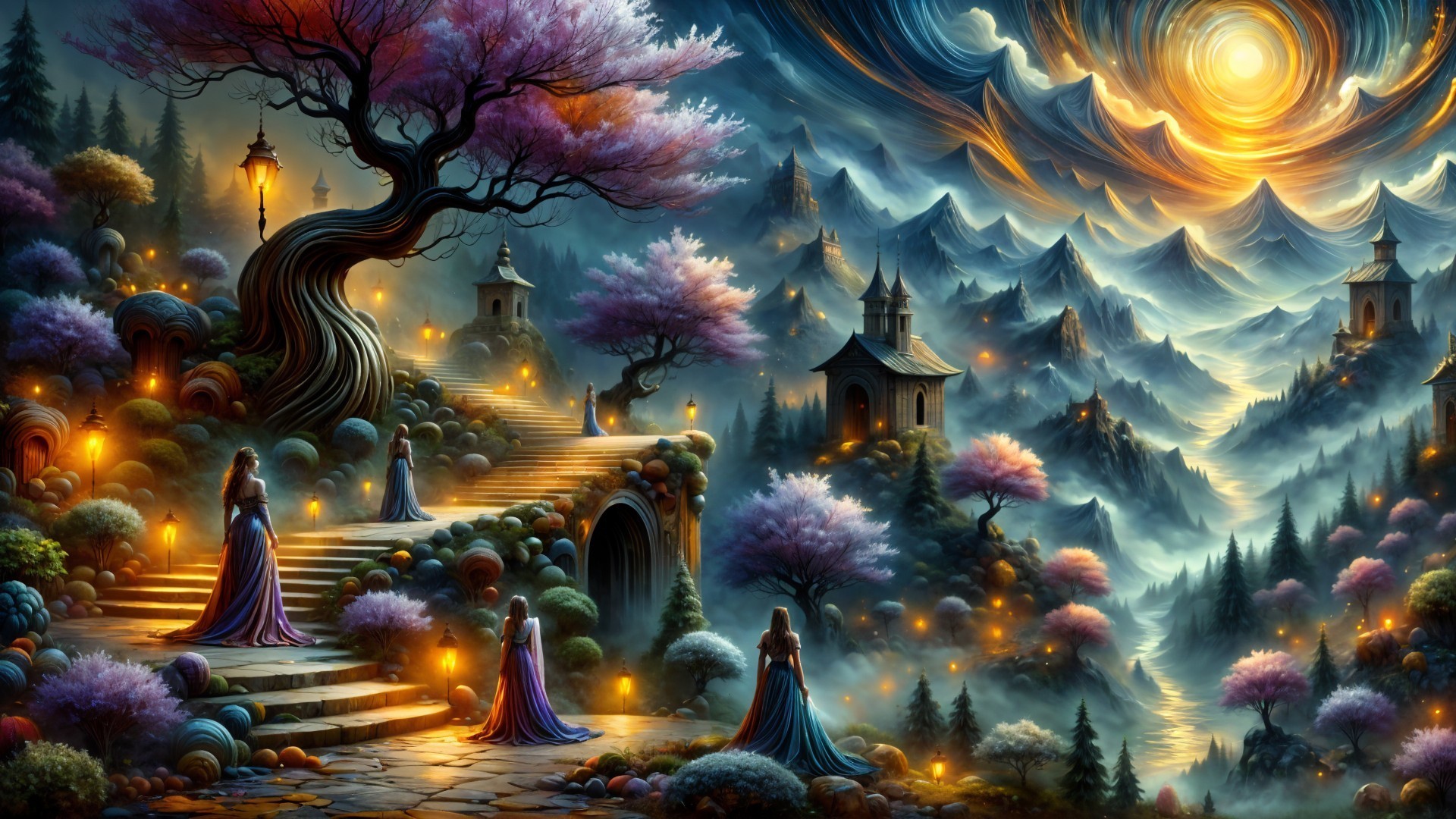 Mystical Landscape with Blossoming Trees and Lanterns