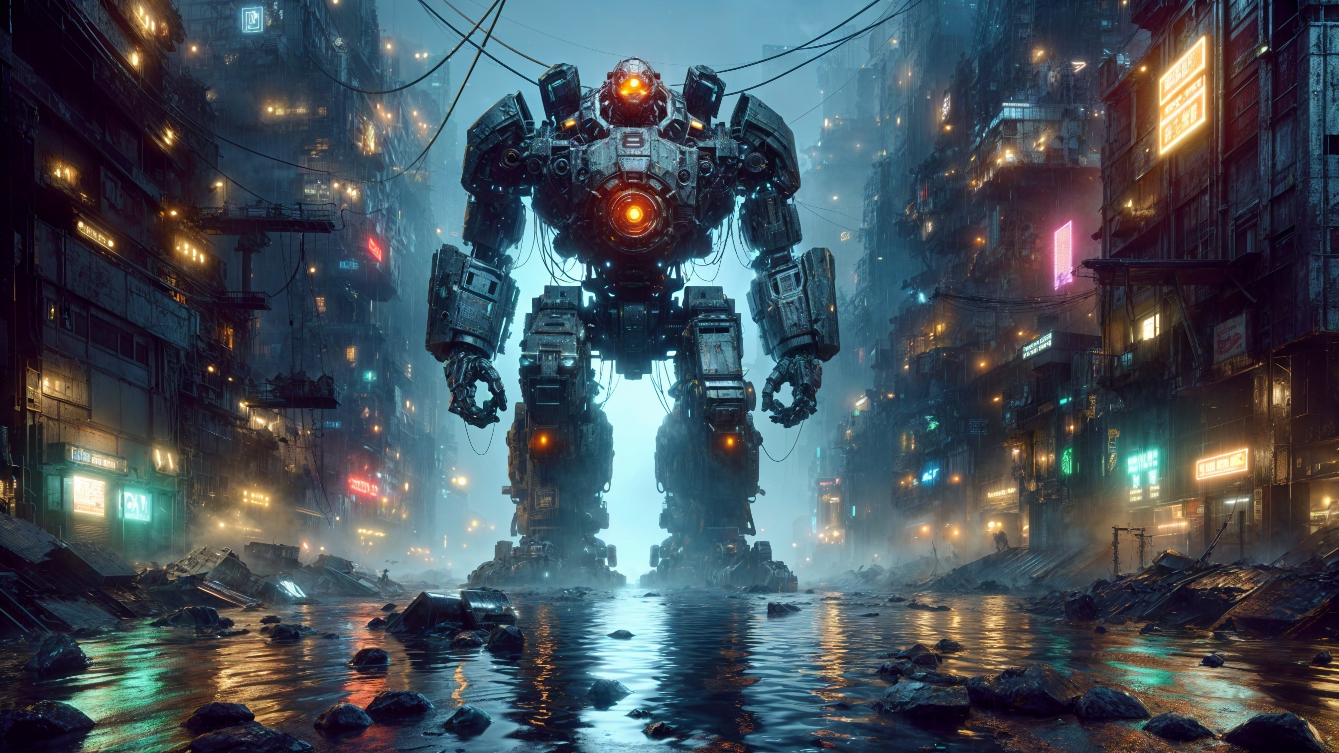 Neon-Lit Mech in Urban Landscape with Futuristic Skyscrapers