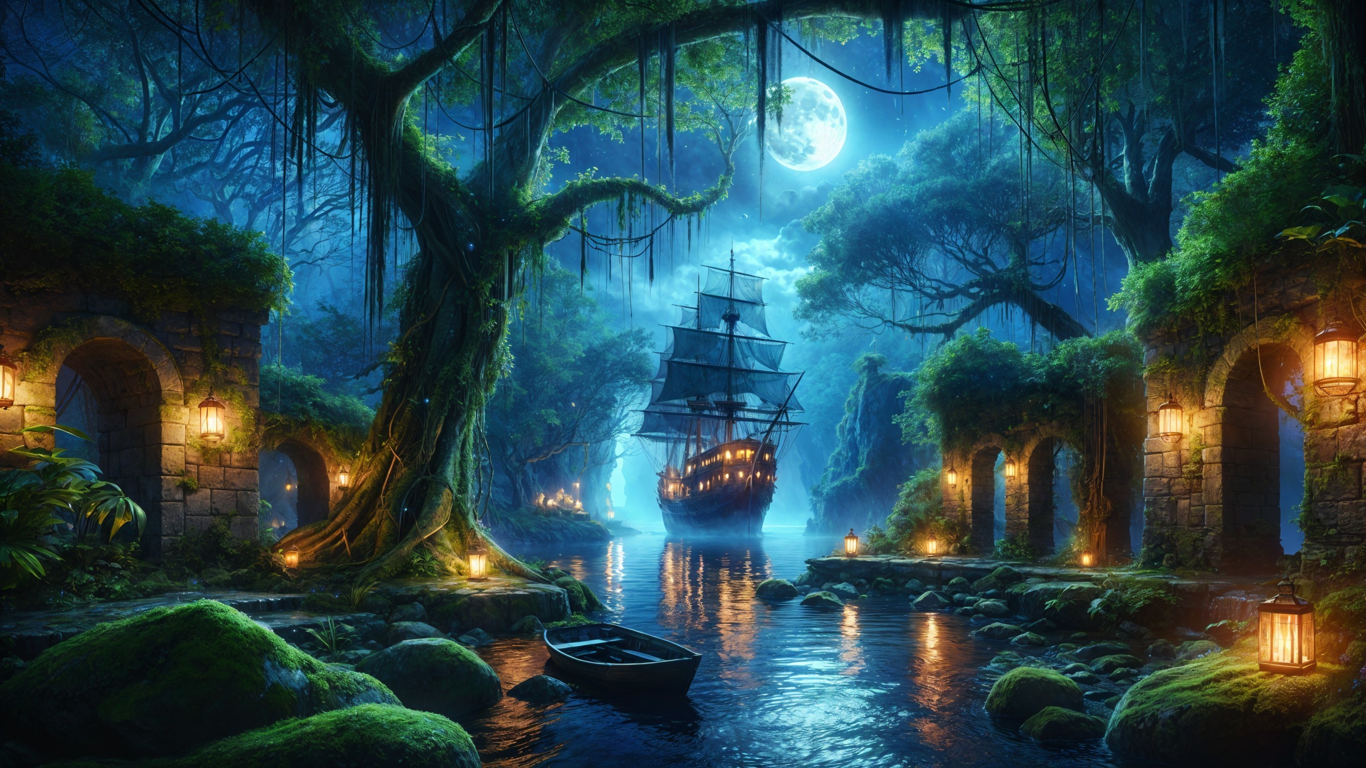Mystical Pirate Ship Scene Under Glowing Moonlight